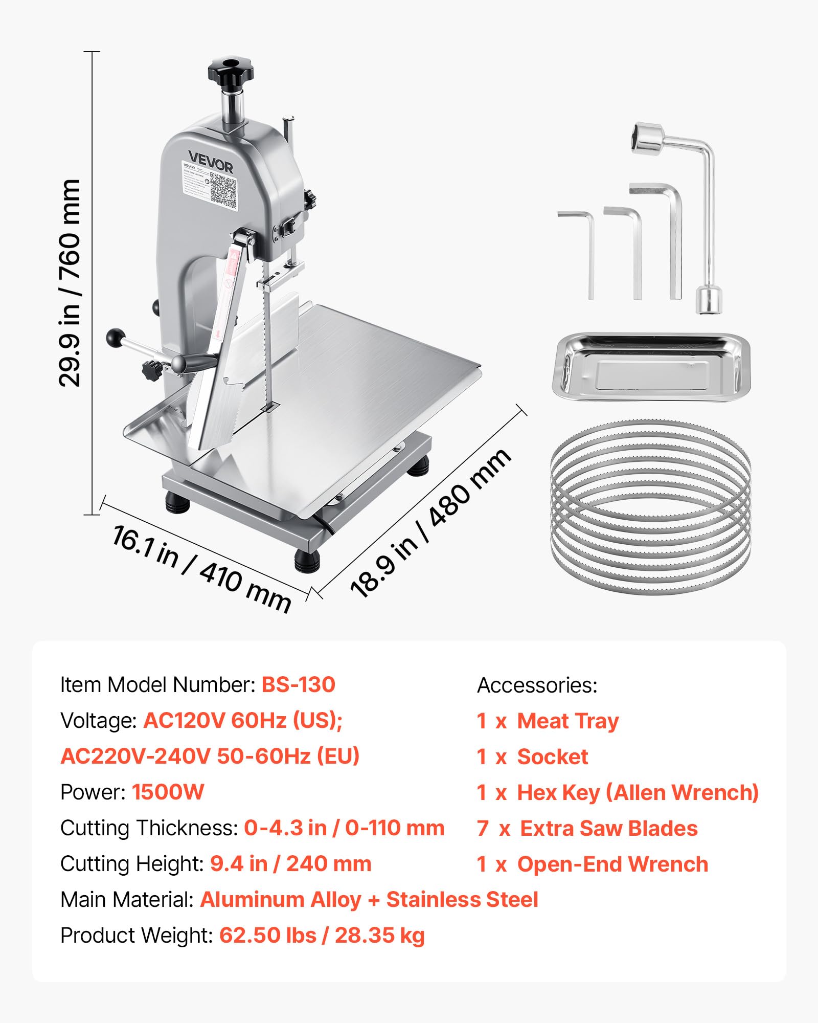VEVOR Elektrische Fleischbandsäge 1500 W, Knochenschneidemaschine mit Arbeitsfläche (315 x 460 mm), Schnittstärke (0-110 mm) und 7 zusätzliche Ersatzklingen, für Gefrorenem Fleisch, Schweinefleisch