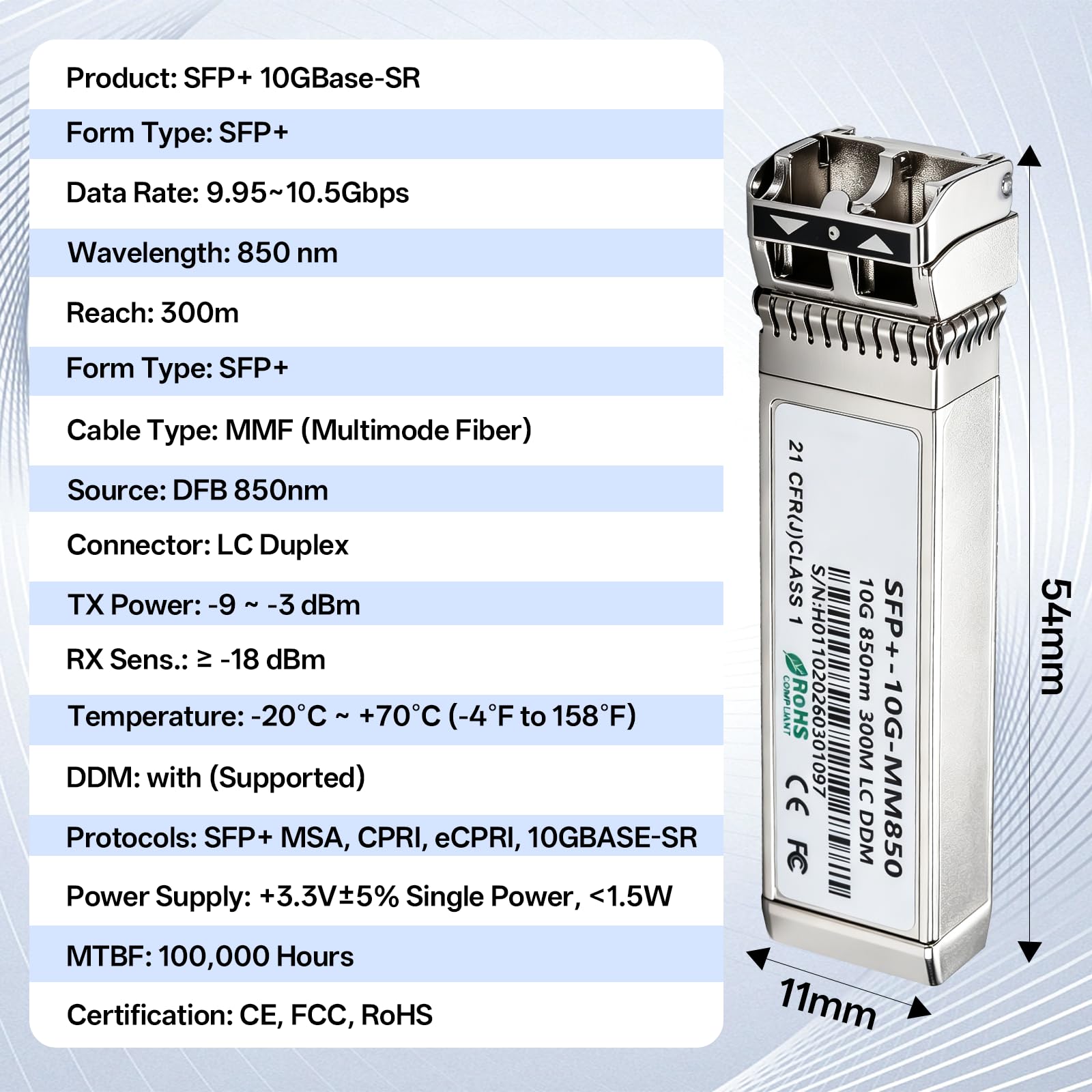 10Gb SFP+ SR Multimode Modul, 10GBase-SR LC Transceiver mit Maxim Chip, 850nm, bis zu 300m, Kompatibel für Cisco SFP-10GSR,Meraki, Mikrotik S+85DLC03D, Ubiquiti UniFi, Netgear, Zyxel, D-Link, TP-Link
