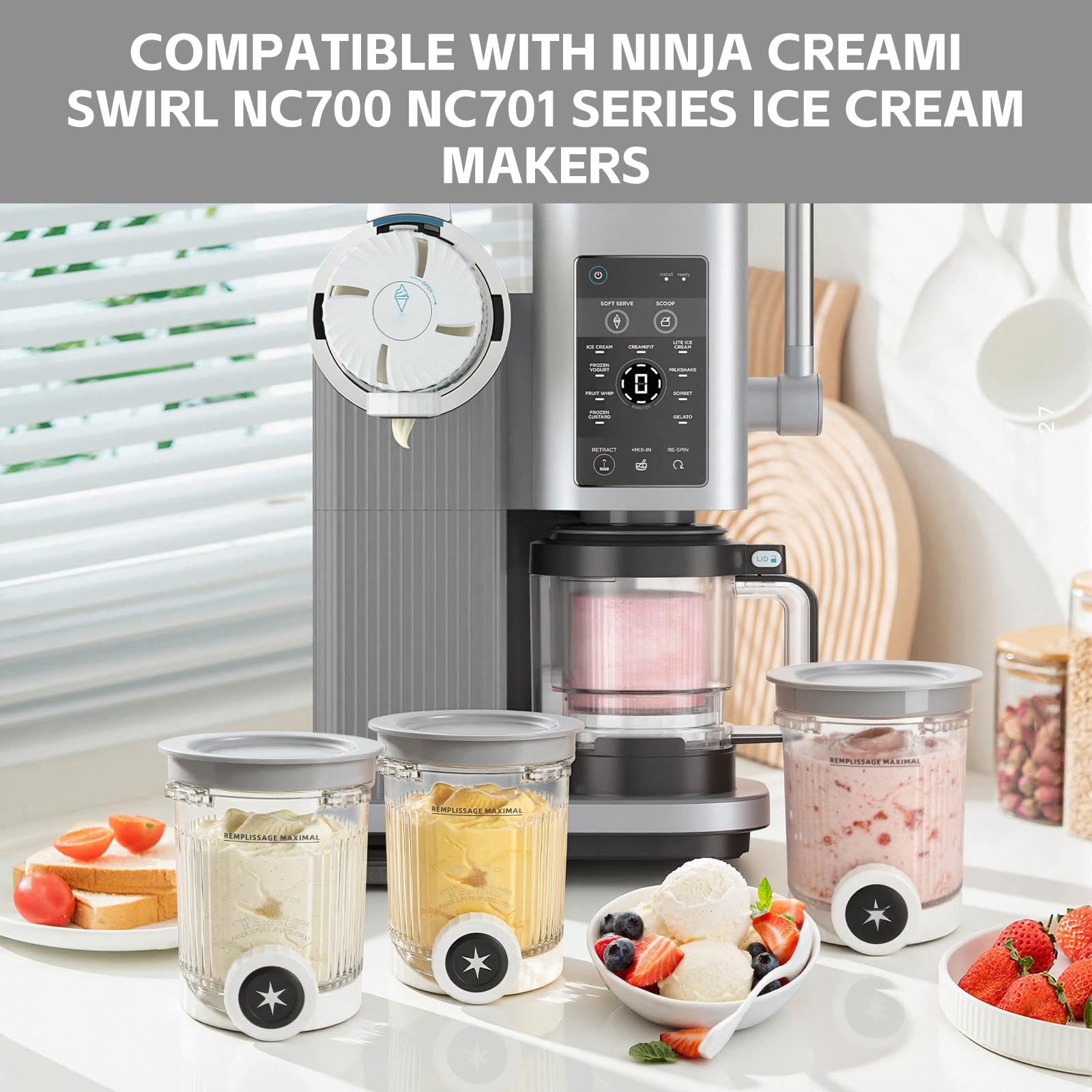 Creami Słoik Swirl Creamy Bowl, zestaw 2 słoików kompatybilny z NC700 NC701, nie zawiera BPA, wodoodporny, zmywalny, kompatybilny z maszyną do lodów z pokrywką i łyżką
