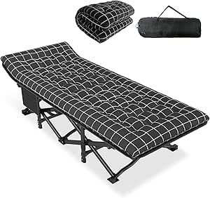 ATORPOK Camping Cot for Adults with Cushion Comfortable, Portable Folding Bed for Sleeping, Lightweight Folding Bed with Carry Bag for Kids Supports 450 lbs (Black)