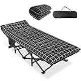 Camping Cot for Adults with Cushion Comfortable, Portable Folding Bed for Sleeping, Lightweight Folding Bed with Carry Bag for Kids Supports 450 lbs (Black)