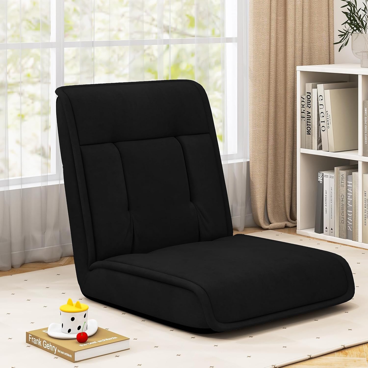 KOMFOTT Floor Chair with Back Support, 14-Position Adjustable Cushioned Lazy Sofa Chair with Skin-Friendly Faux Suede Fabric, Lounge Chairs for Video Gaming, Reading, Mediation, Black