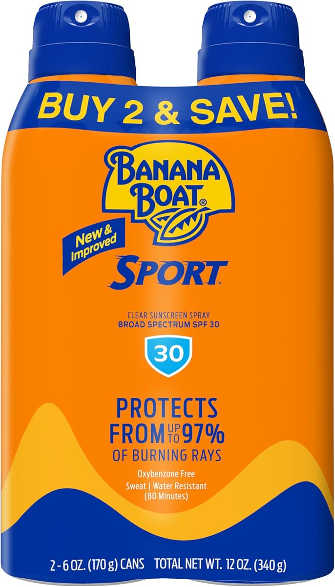 Banana Boat Sport SPF 30 Sunscreen Spray, 6 oz (2 Pack) | Sweat and water resistant sunblock spray, UVA/UVB broad spectrum protection, Lightweight formula, Outdoor use