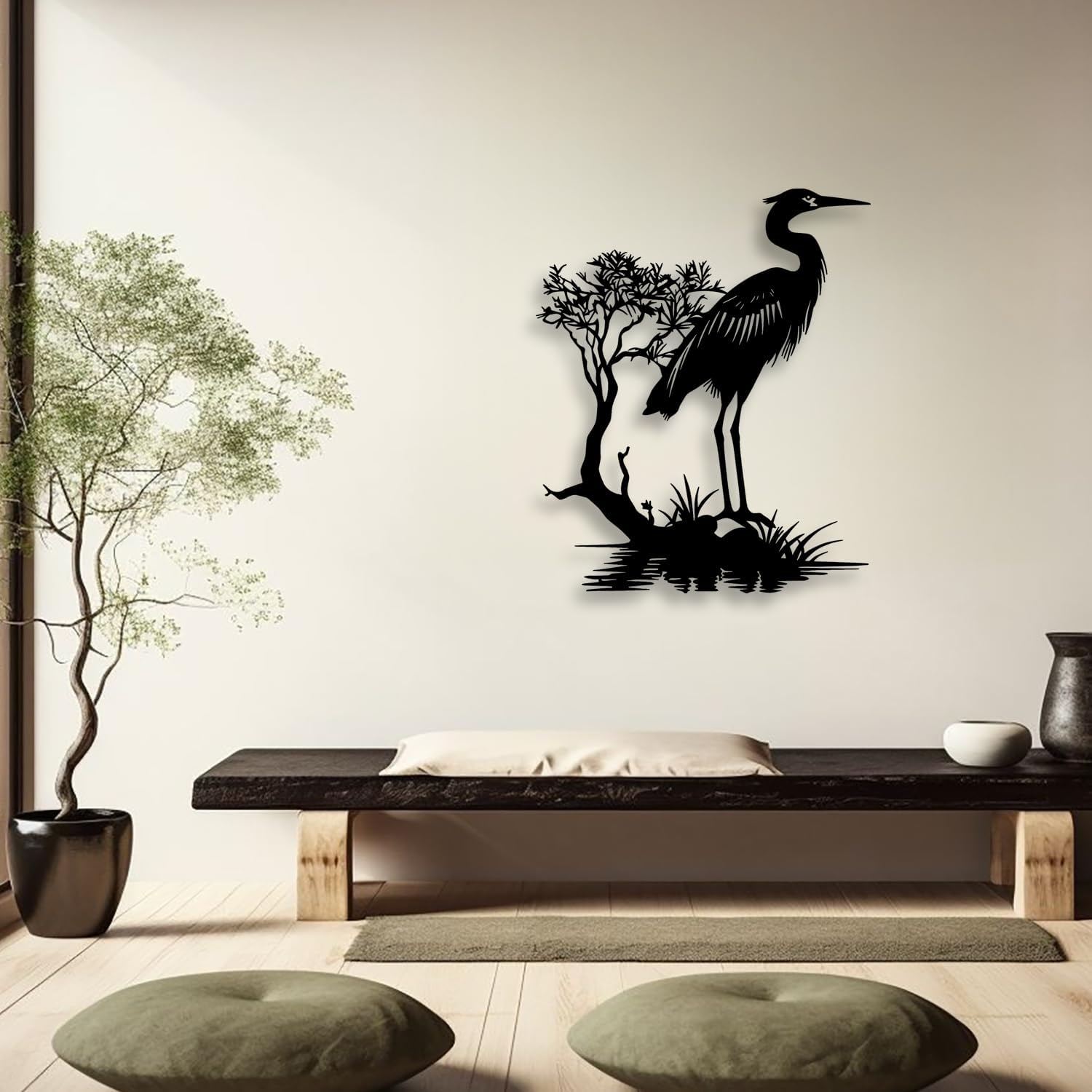LIYOUYA Crane Lakeside Metal Wall Decor - Japanese Style Room Decor Decor Black Wall Art Home Decor for Living Room, Bedroom, Dining Room, Office (Black)