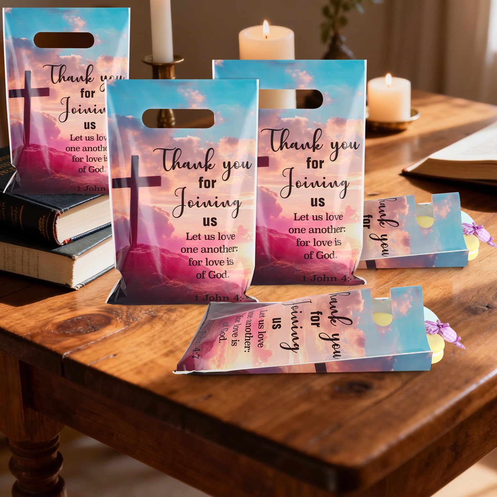 Hooqict 50PCS Welcome to Our Church Bags Plastic Christian Gift Bags with Handle Church Gift Treat Goodie Candy Party Favors Bag for Birthday Religious Baptism Party Decorations Supplies