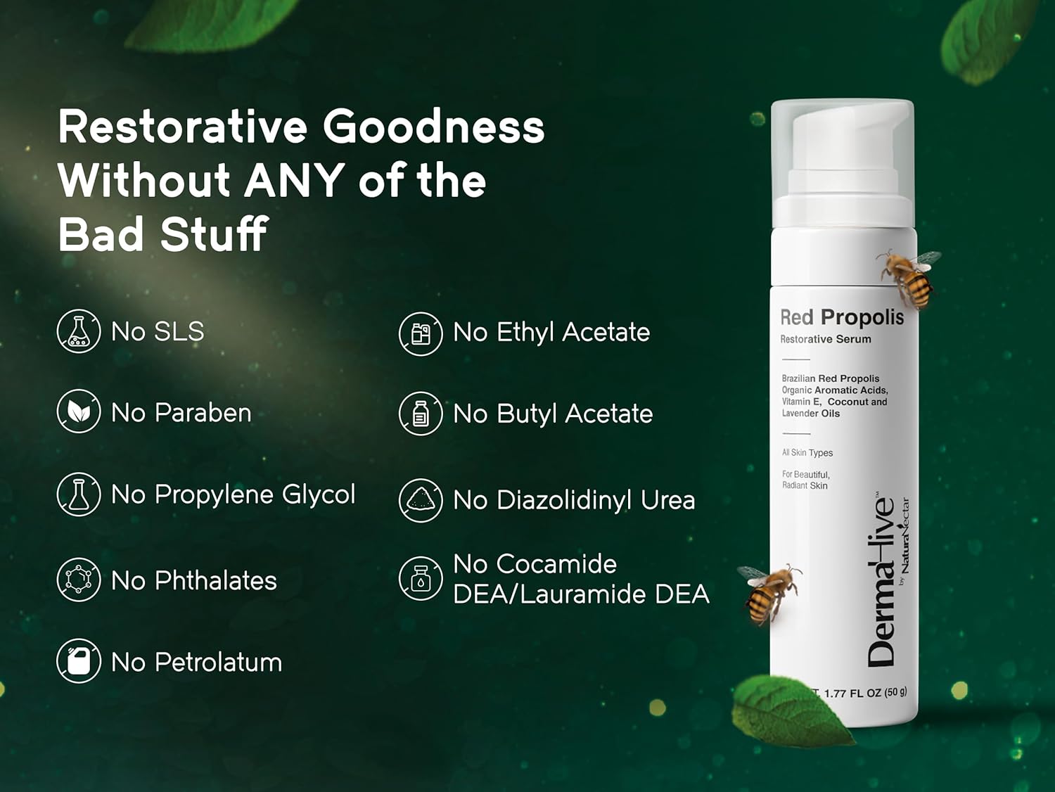 DermaHive - Red Propolis Restorative Serum with Vitamin E, Antioxidants & Lavender Oil, Anti Aging Face Serum for Women & Men, Antioxidant, Skin Repair, Glowing Skin, Scar Removal, Airless Pump - 50g