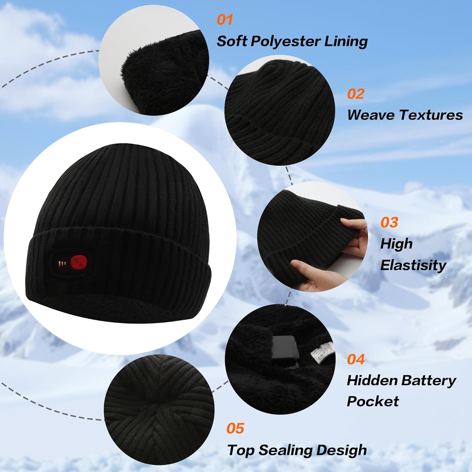 MMlove Rechargeable Heated Hats for Men Women Electric Heated Beanie Hat, Battery Heat Cap for Fishing Skiing Motorcycling - Image 6