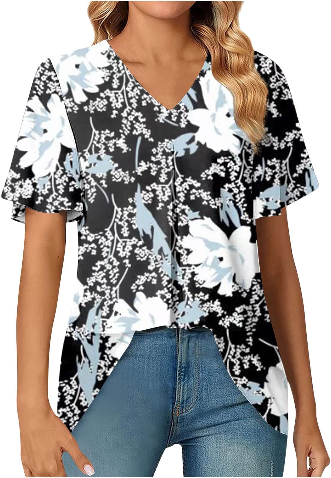 NHNKR Womens Dressy Chiffon Blouses Shirts Petal Short Sleeve Sexy V Neck Tunic Tops Summer Casual T-Shirts with Pleated Strech