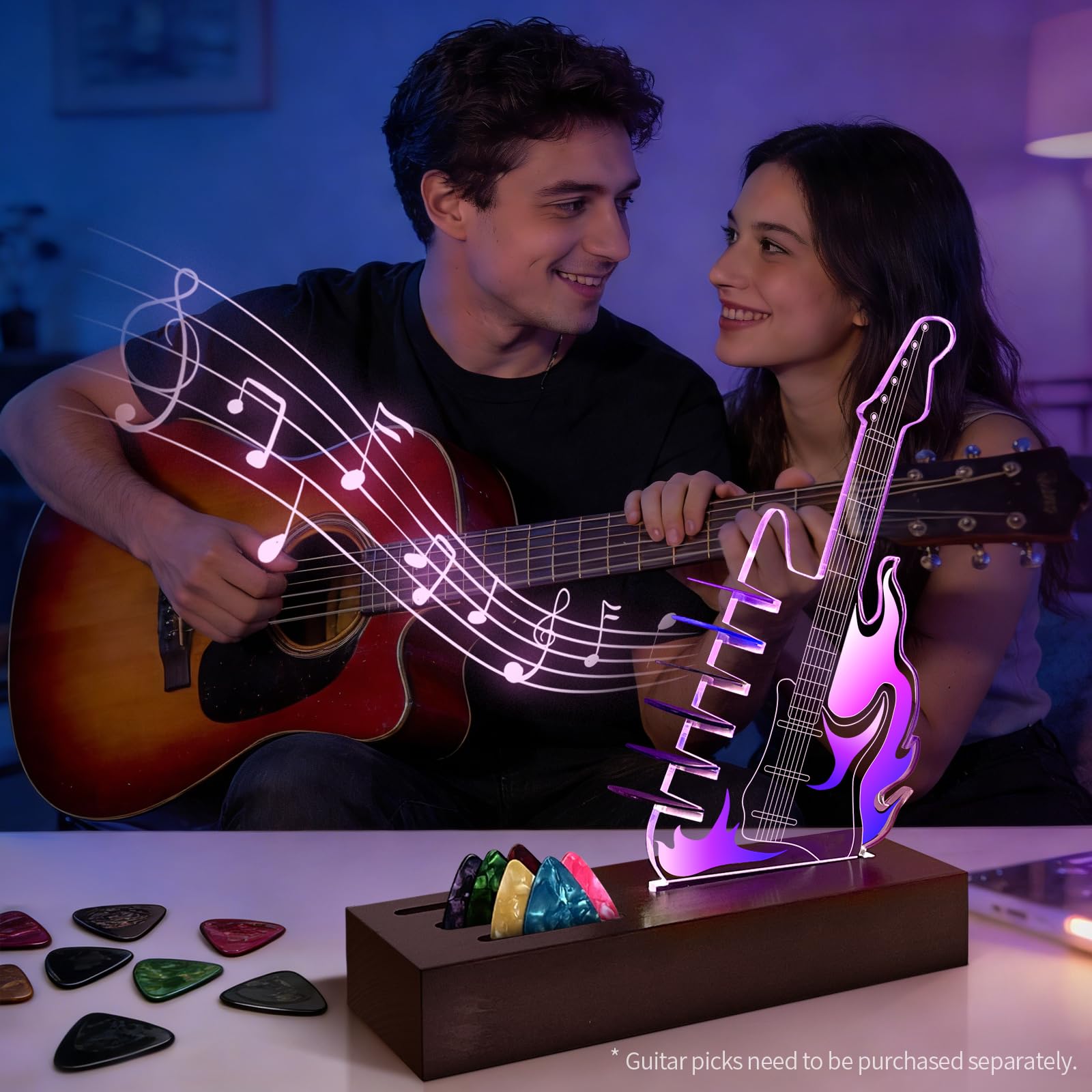 Porta plettro per chitarra illuminato, 7 colori con luce LED, display per plettro per chitarra in acrilico, alimentato tramite USB, accessorio per chitarra, può contenere 6 plettri, regalo per uomini