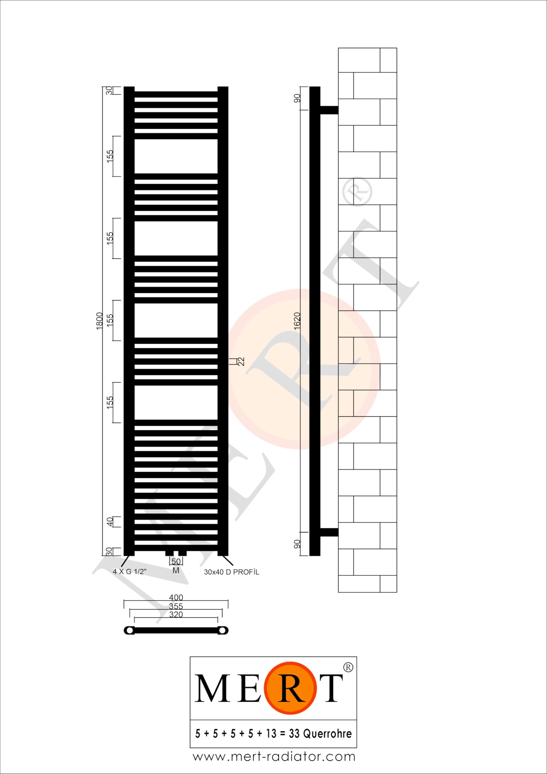 Mert Heizung mit Thermostat Fernwärme Warmwasser Bad-Heizung 1800x400 Bad-Heizkörper 1/2 Zoll Mittelanschluss 50 mm weiß Handtuchhalter für Wandmontage