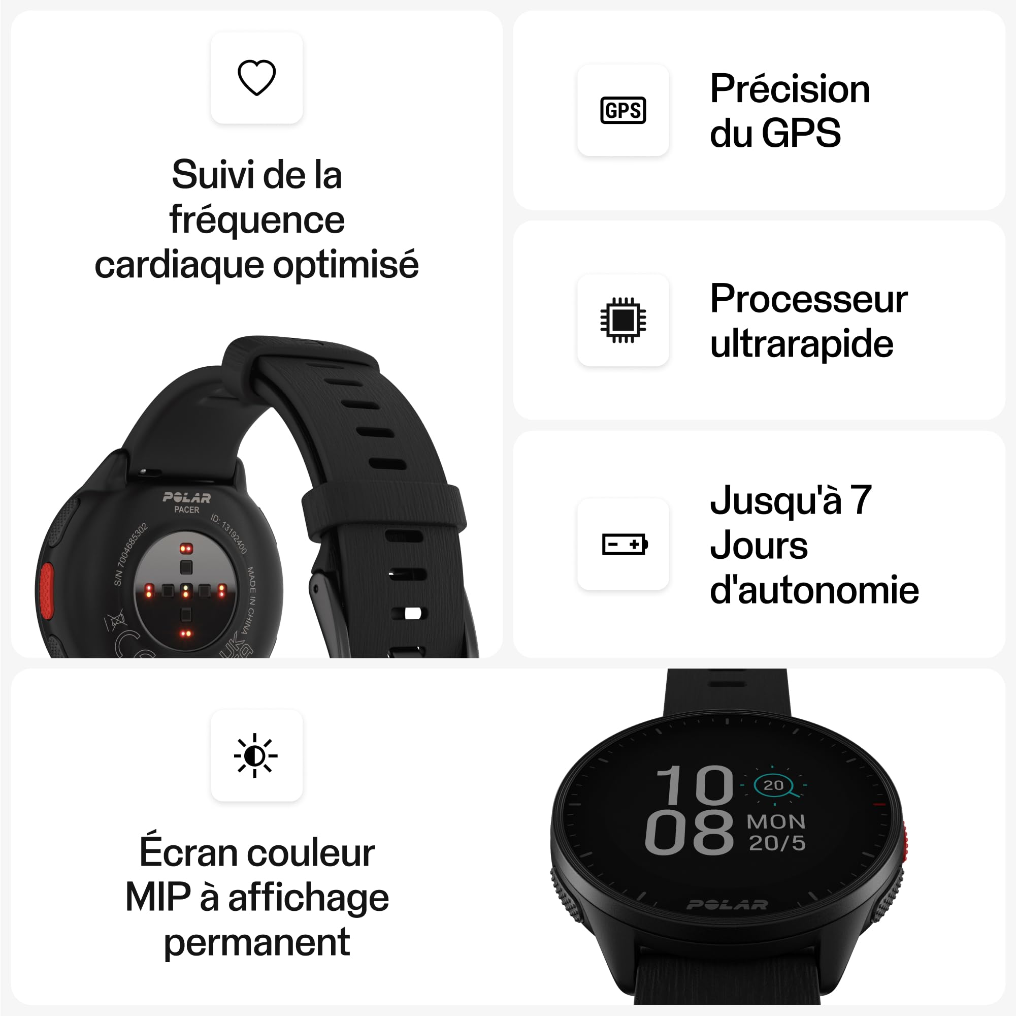 Polar Pacer - Montre GPS Running - Processeur Ultra Rapide - Ultra légère - Écran Lumineux - Boutons antidérapants - Nouveaux programmes d'entraînement/récupération - Mesure de FC - Commandes Musique