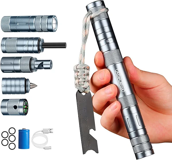 Camping Survival Kits, 9 in 1 Multitool Survival Kit with Flashlight, Fire Starter, Whistle, Glass Breaker, Compass, Paracord, EDC Stocking Stuffers and Gifts for Men Women (Gray)