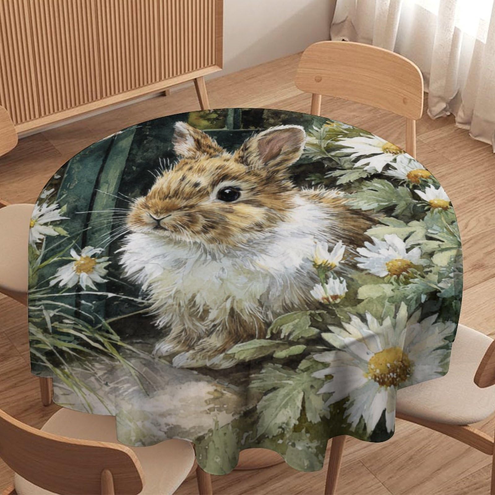LUYYSKY Beautiful Rustic Cute Rabbits Round Tablecloth Retro Realistic Spring Garden Daisies Flowers Animal Bunny Washable Decor for Table Cover for Kitchen-91.4" Wx91.4 L cm