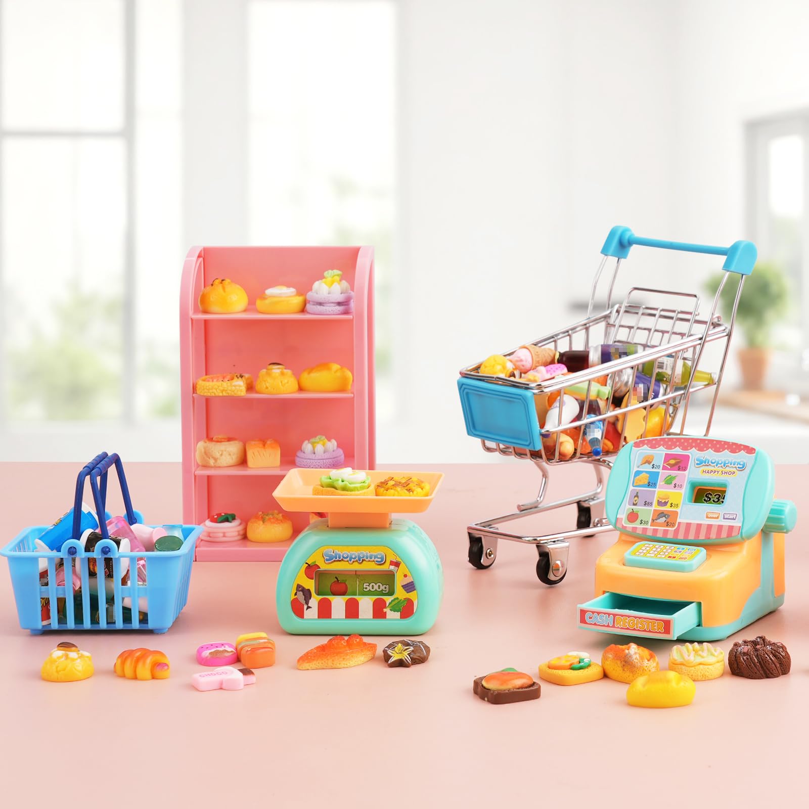 165 piezas de mini carrito y cesta de la compra en miniatura, juguete de alimentos y bebidas, supermercado, carrito de mano metálico, estantes, caja registradora, nevera, báscula de alimentos, carrito