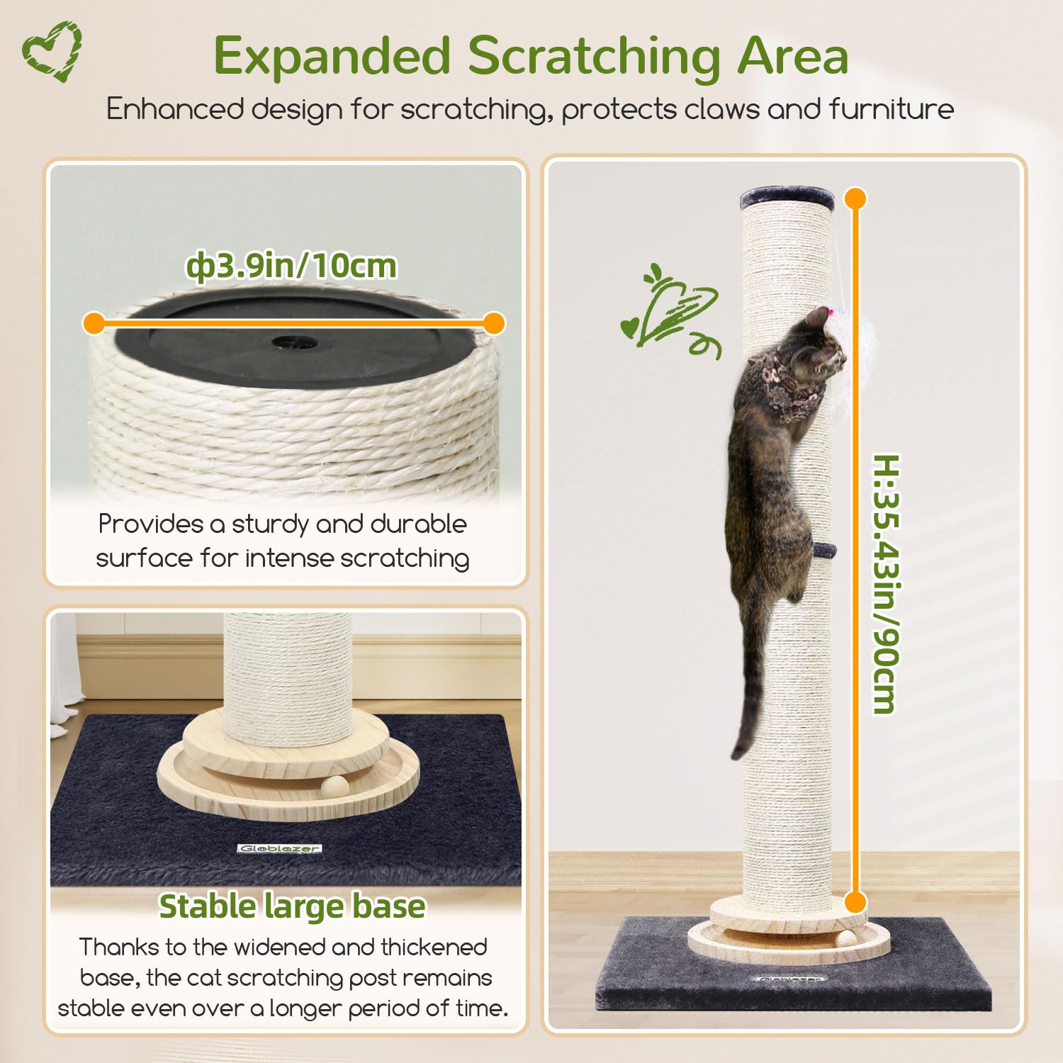 Globlazer Postes Rascadores XXL Alto 90 cm & 50 cm Ajustable 2 en 1 con Trackball Madera Felpa Gato Juguete Grande Base Poste Sisal, Rascador XXL para Gatos Grandes Interior (SC35, Gris Oscuro)