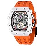 Men's Automatic Watch Tonneau Luxury Skeleton Watches for Men Mechanical 50M Waterproof Analogue Watches Mens Unique Cool Square Big Face Dial Wristwatch with Silicone Strap Band