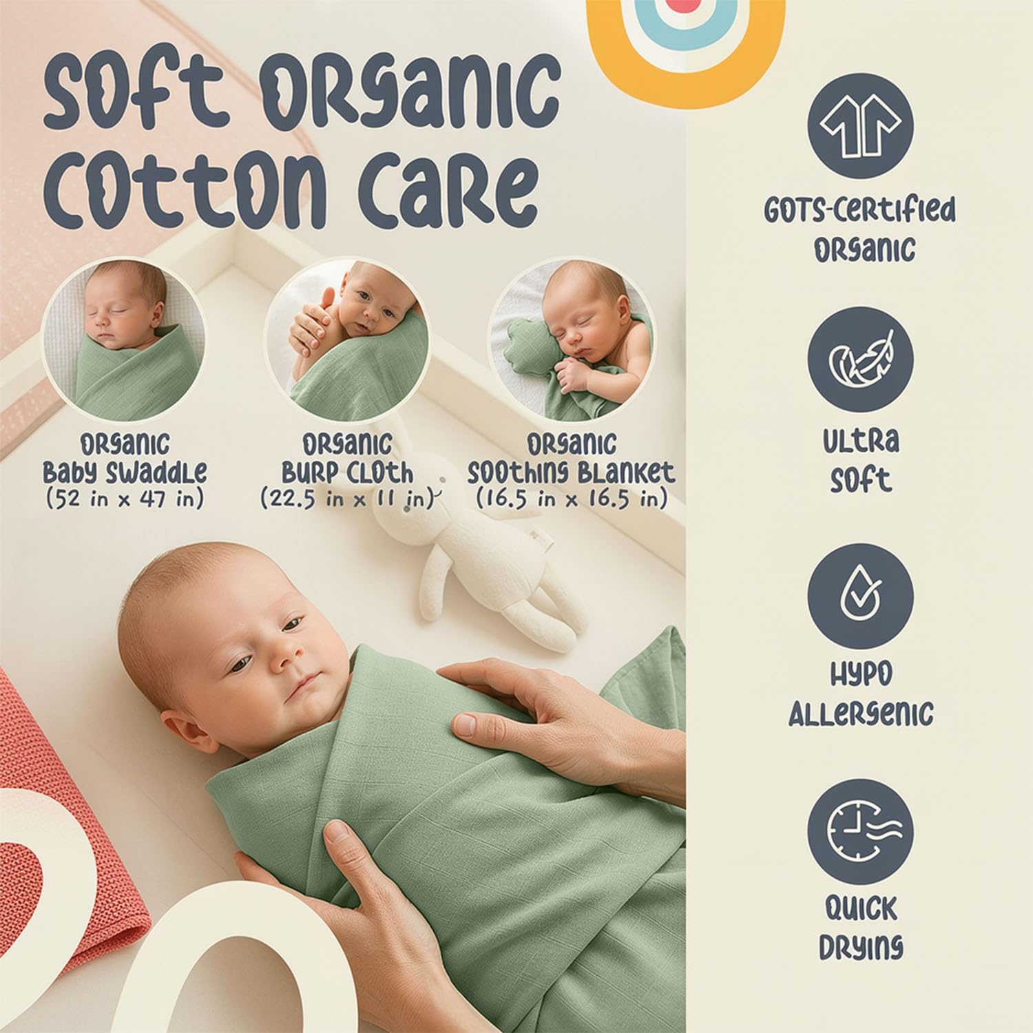ARI MES Baby Gift Set for Newborns in Green, Girl and Boy Baby Shower Gifts Basket with Swaddle Blanket, Wooden Rattle, Brush & Keepsake Disc, Premium Newborn Gift Sets, Ideal Gender Reveal Gifts