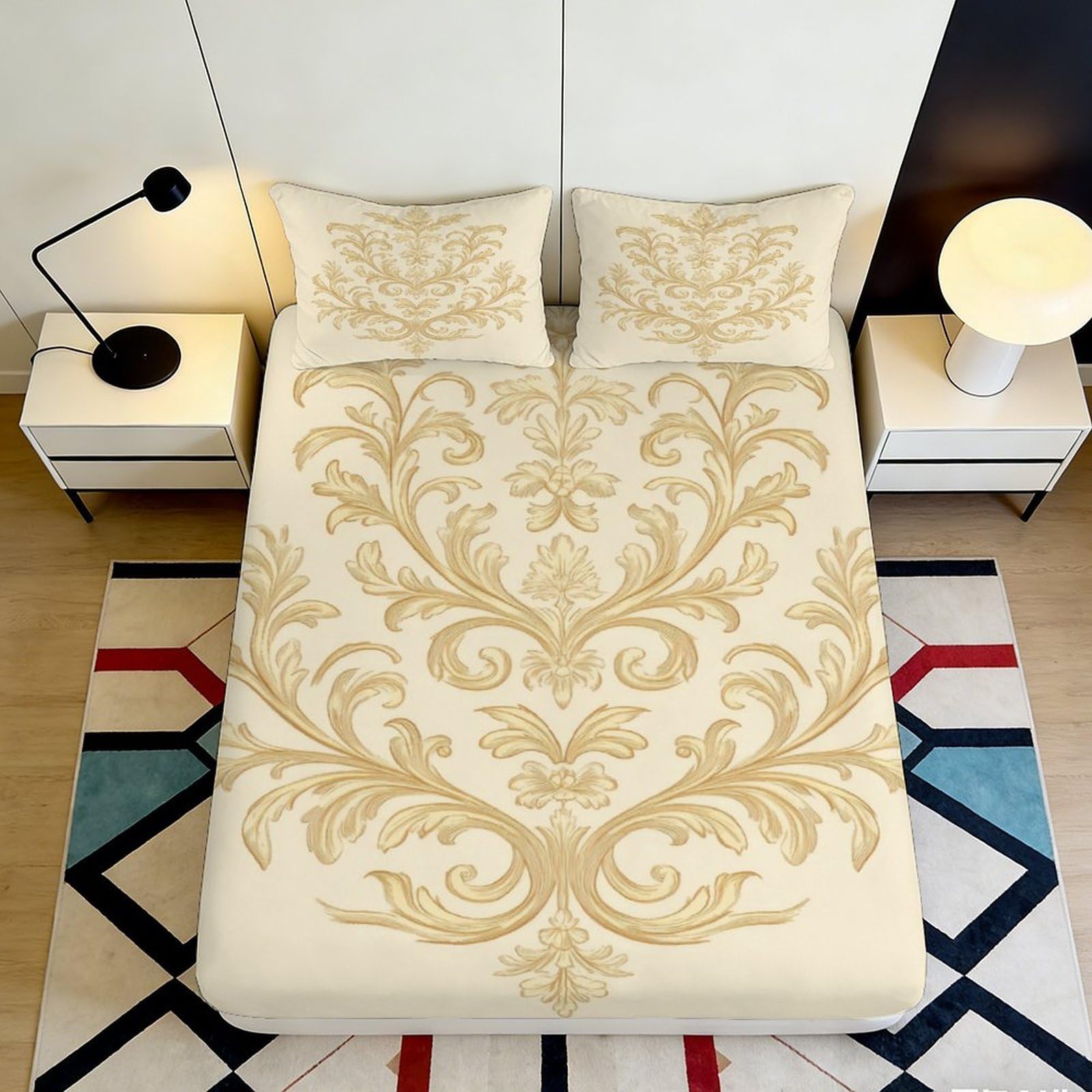 Uynsixtme Style-9 3D Printed Baroque Floral Fitted Sheet Microfiber Deep Pocket Bedroom Bedding Baroque Floral Mattress Fitted Cover Washable 90X200x25cm