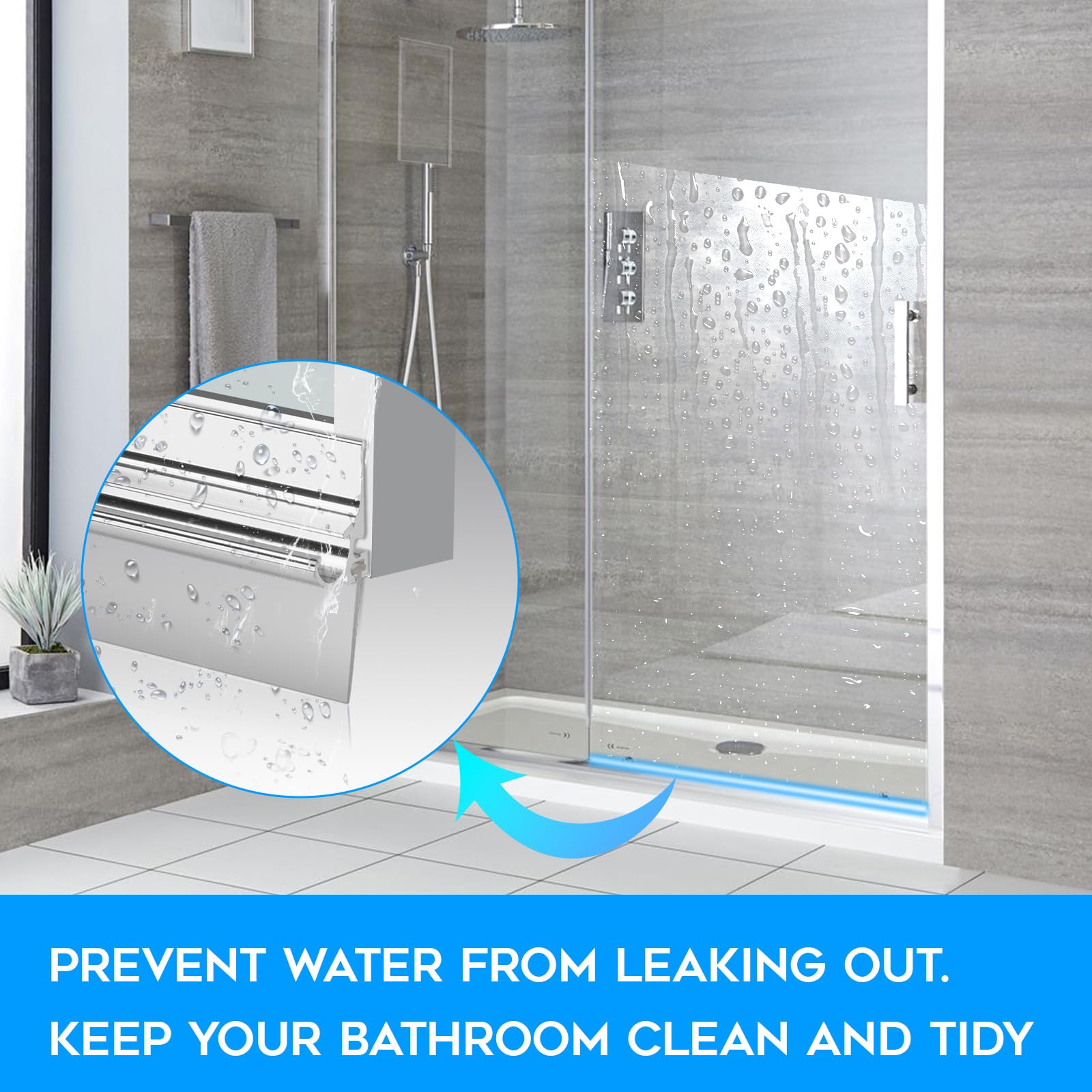 Condition photo showing New/Like New for 25'' framed shower door drip rail with vinyl sweep, chrome shower door bottom water deflector with drip rail plugs and screws