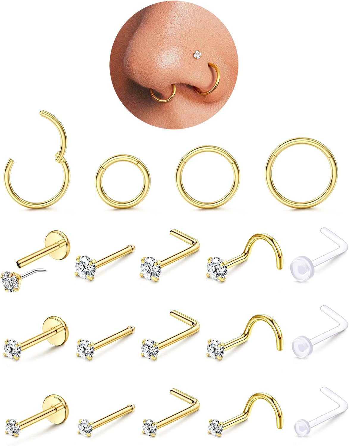 14K Gold Filled Nose Rings Studs Hoops for Women Men: 20G 18G 316L Surgical Stainless Steel Hypoallergenic Dainty Simulated Diamond L Shaped/Corkscrew/Straight/Push Back Nostril Nose Piercing Jewelry