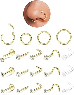 14K Gold Filled Nose Rings Studs Hoops for Women Men: 20G 18G 316L Surgical Stainless Steel Hypoallergenic Dainty Simulated Diamond L Shaped/Corkscrew/Straight/Push Back Nostril Nose Piercing Jewelry