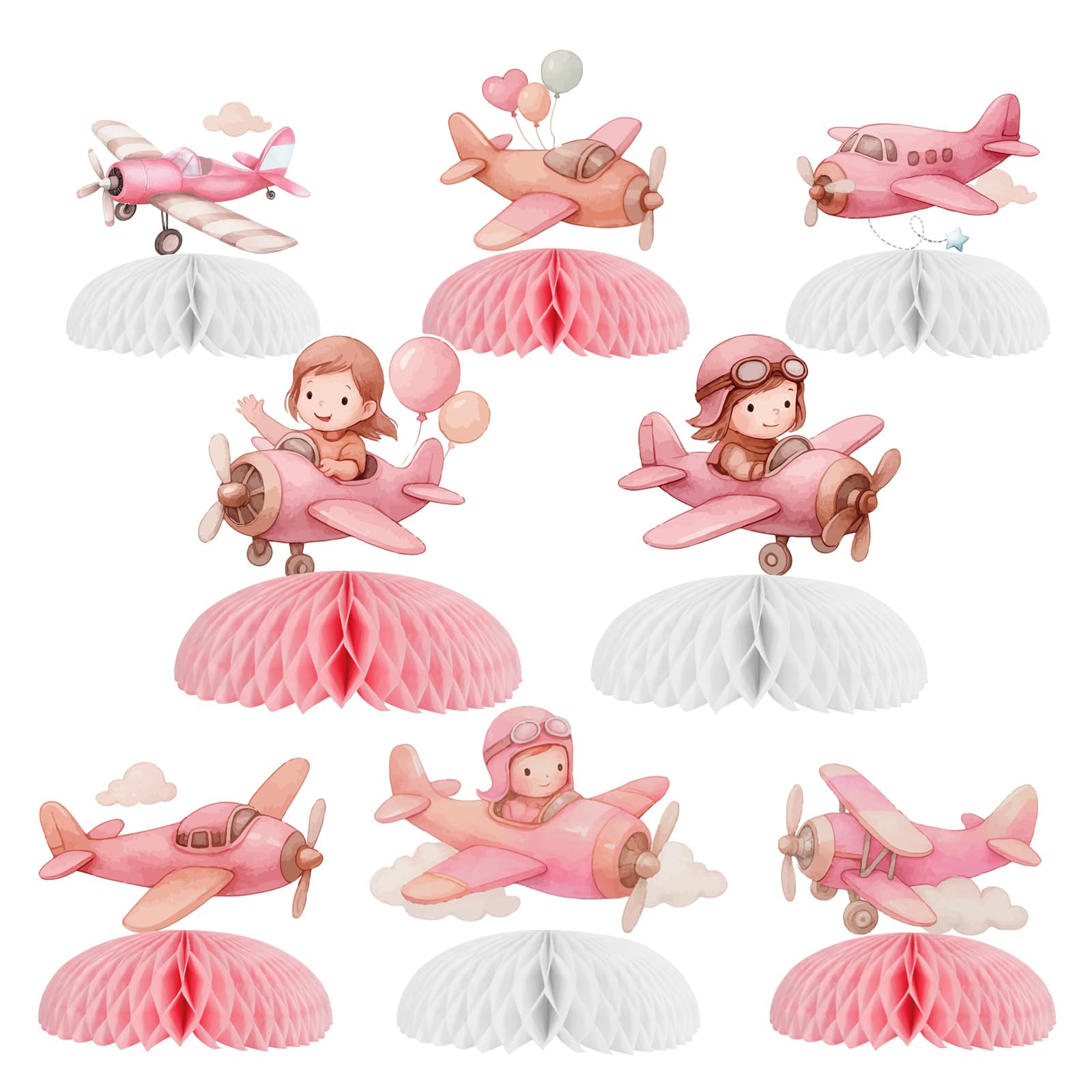 Funmemoir Vintage Airplane Party Decorations Girl - 8PCS Airplane Honeycomb Centerpieces, Pilot Aviation Themed Table Decor for Pink Plane Themed Baby Shower Birthday Party
