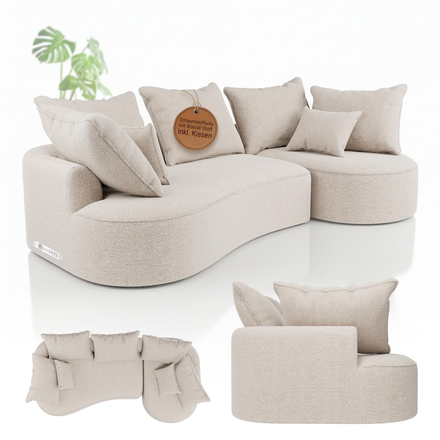 Juskys Sofa Tirano - Bouclé Creme, Ecksofa mit L-Form, mit Rücken- & Dekokissen, 4-Sitzer Eckcouch, Schaumstoff - Ottomane rechts