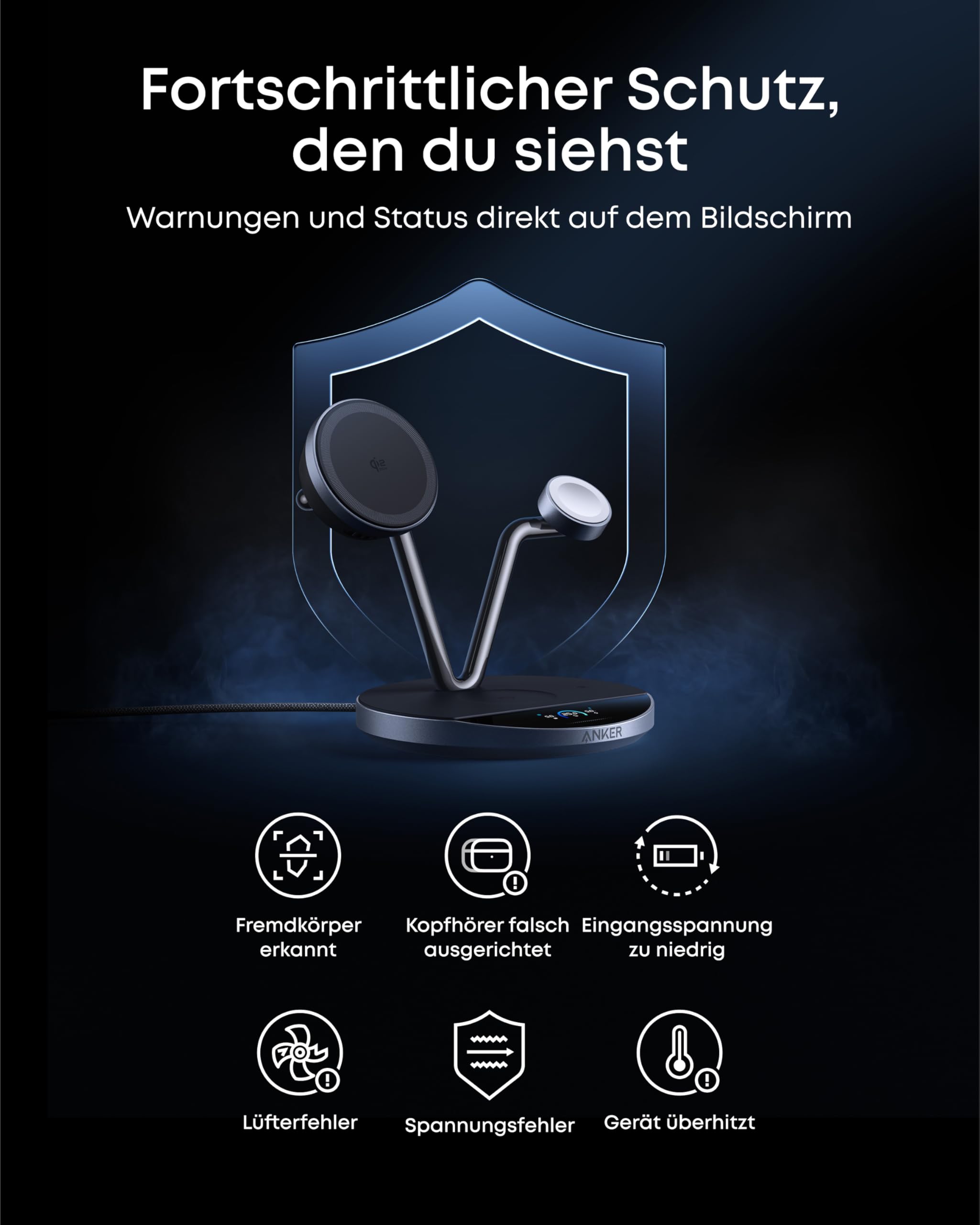 Anker Prime MagSafe-kompatibles 3-in-1 Ladegerät, Qi2 25W zertifizierte kabellose Ladestation mit Smart Display und TEC-Aktivkühlung, Für iPhone 17, Apple Watch, AirPods und mehr