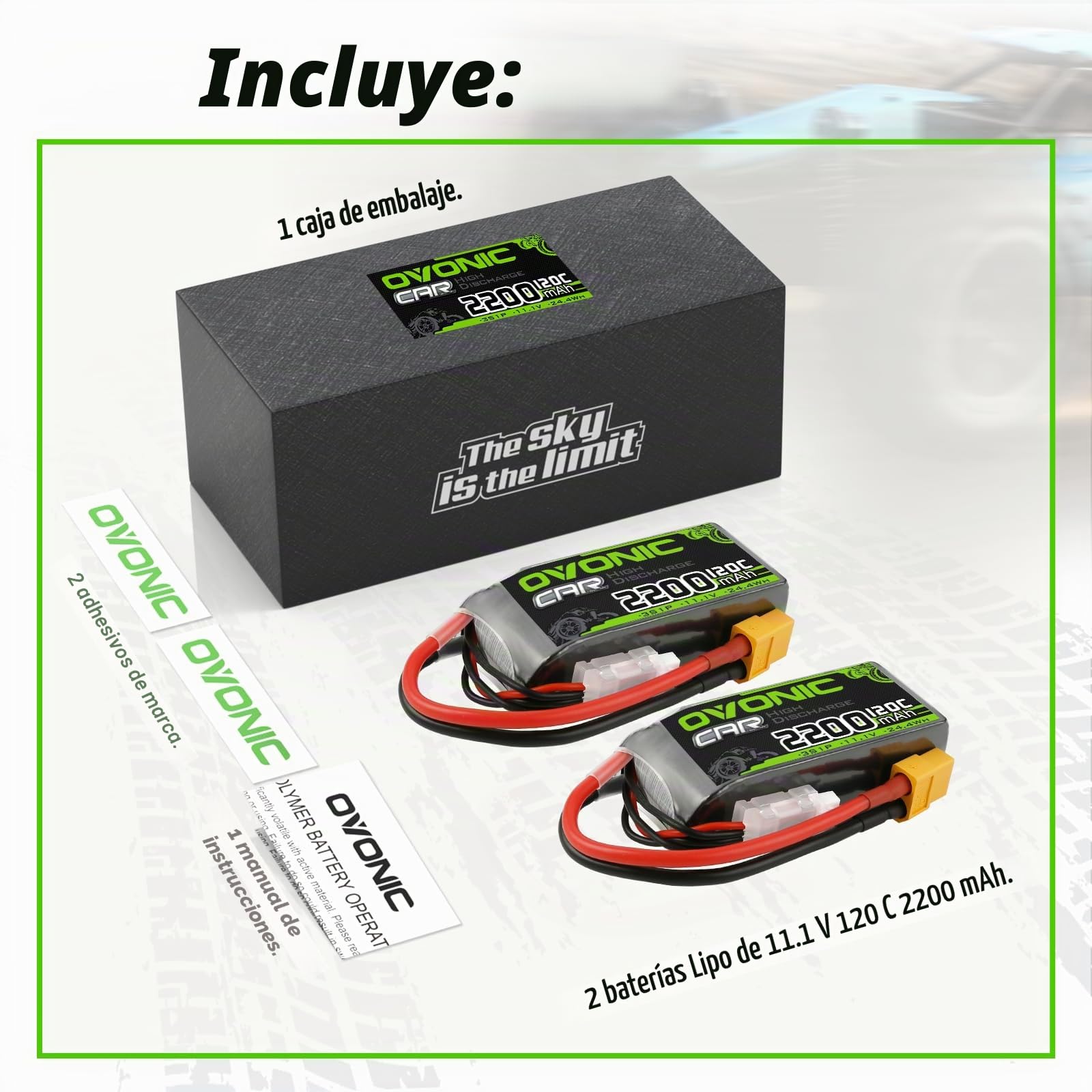 OVONIC 3s Lipo - Batería de polímero de litio (11,1 V, 120 C, 2200 mAh, con conector XT60, para helicóptero de avión teledirigido 1:14, 2 unidades)