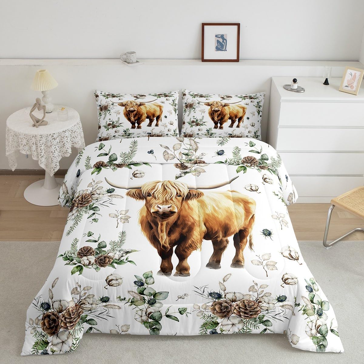 Cute Highland Cow Bed Comforters Set Queen Size,Rustic Style Pinecone Fruits Soft Microfiber Bedding Set for Boys Girls,Farmhouse Theme Cattle Animal Room Decorative Comforter Set,2 Pillowcase