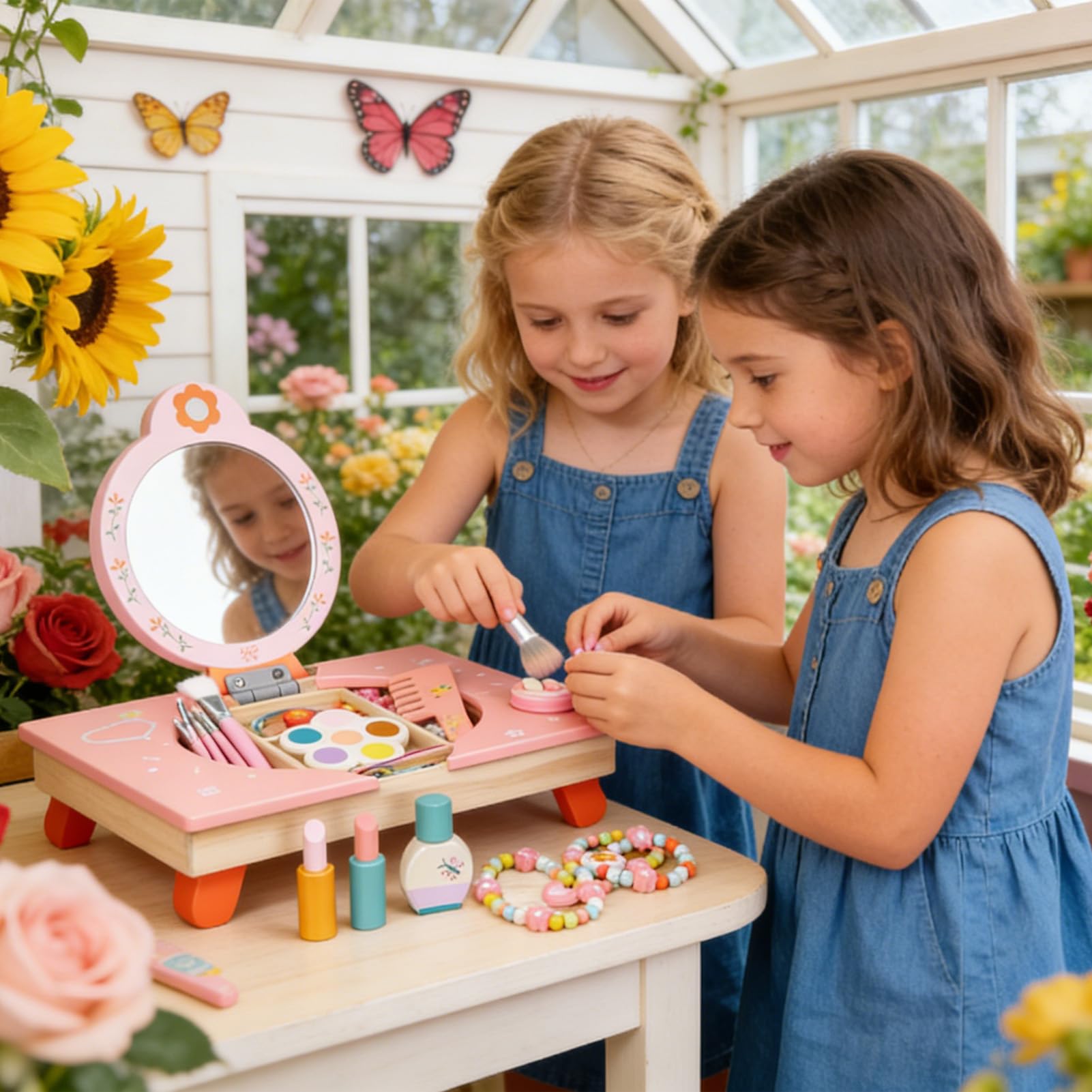 Vanity Da Per Bambini Toeletta In Legno Con Specchio | Set Vanity Pieghevole Per Di Finzione Delle Bambine Con Pettine E Cosmetici per Giochi di Travestimento Compleanno Salon