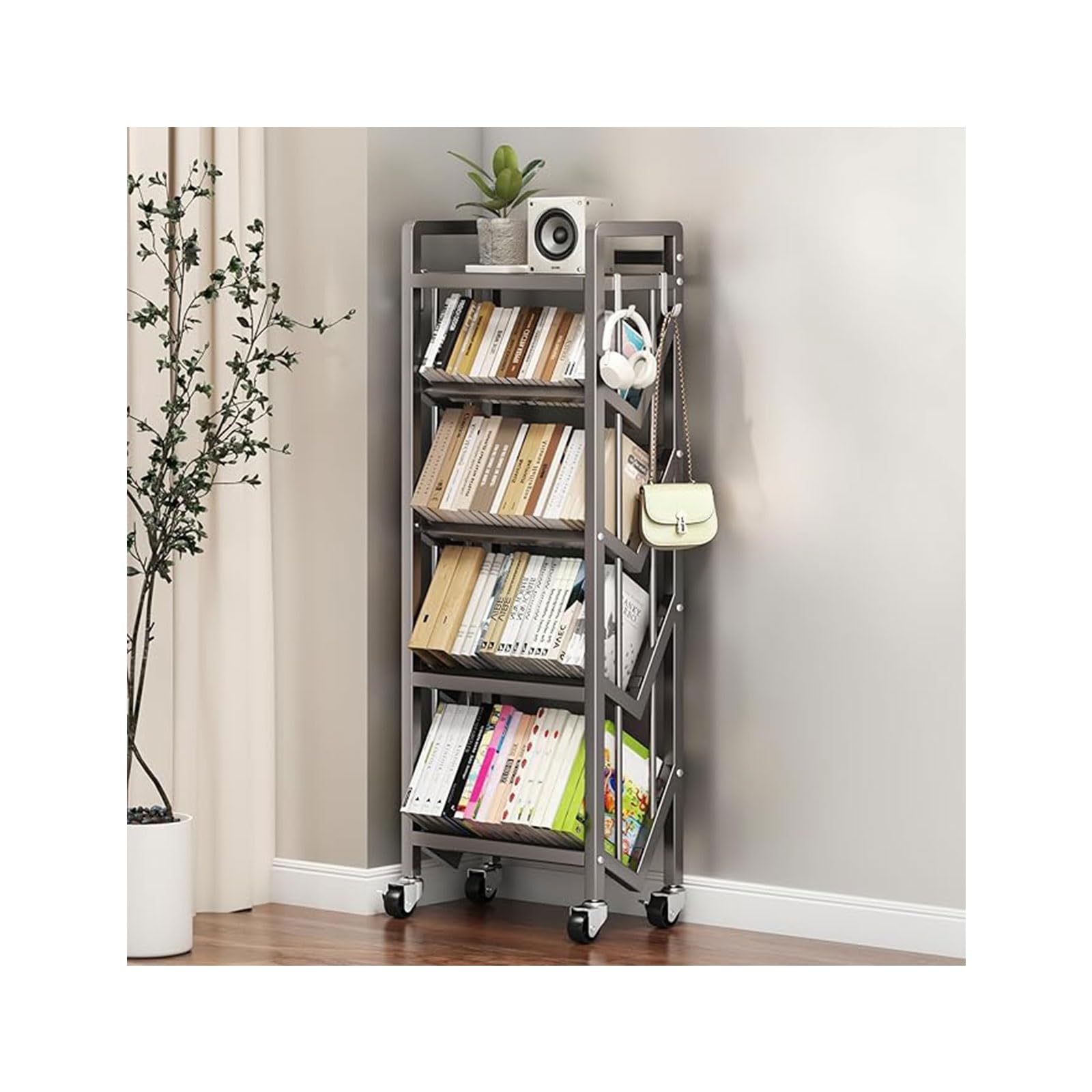 Book Carts with Wheels, Library Rolling Book Cart 2/3/4/5 Tier Movable Bookshelf Mobile Large Capacity L-Shaped Carbon Steel Organizer Rack for Office, Home, Classroom(Gris,5 Tiers-19.7x9.8x57.7in)