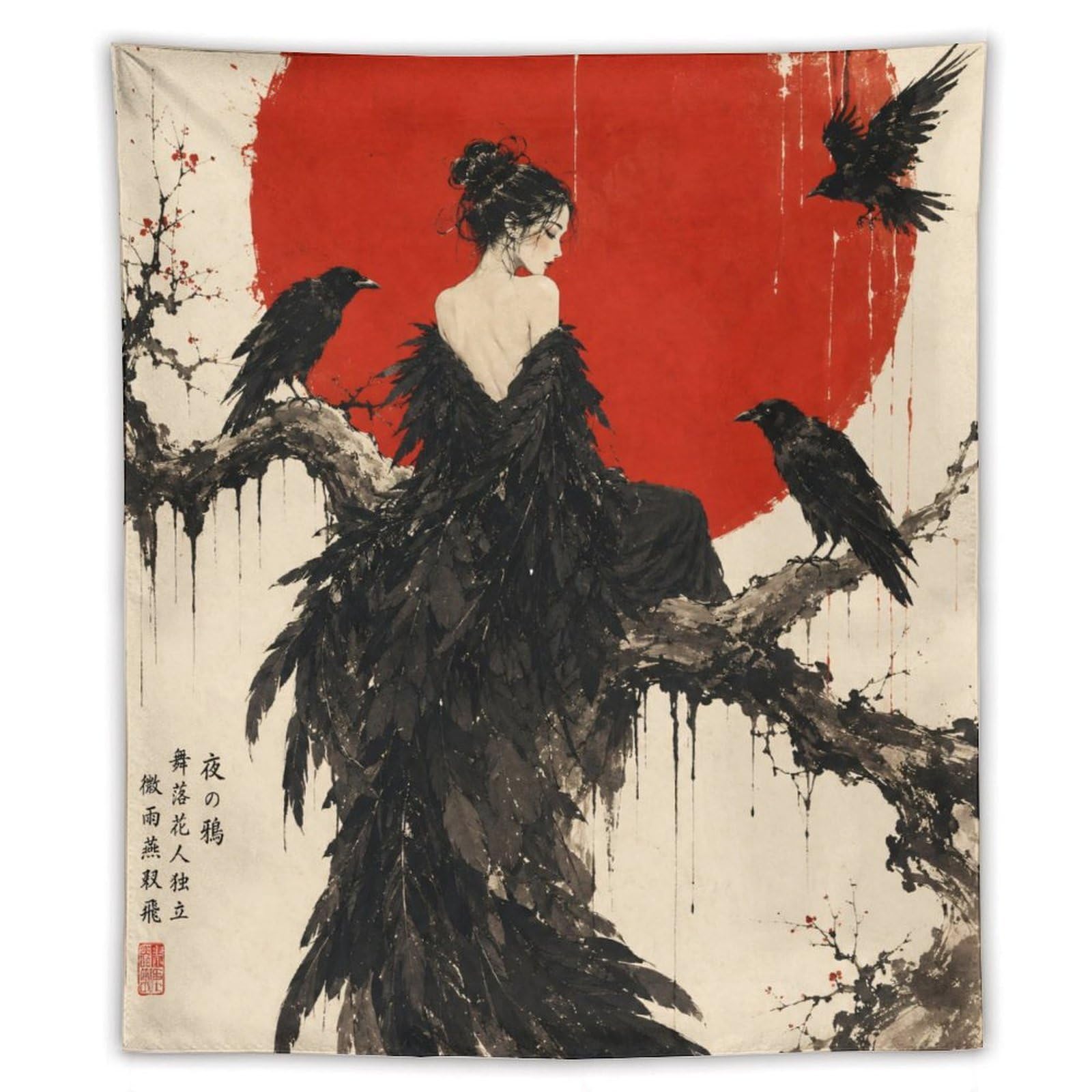 W7C8U2X3 Raven Woman with Black Feathers Wall Tapestry, Gothic Oil, Gothic