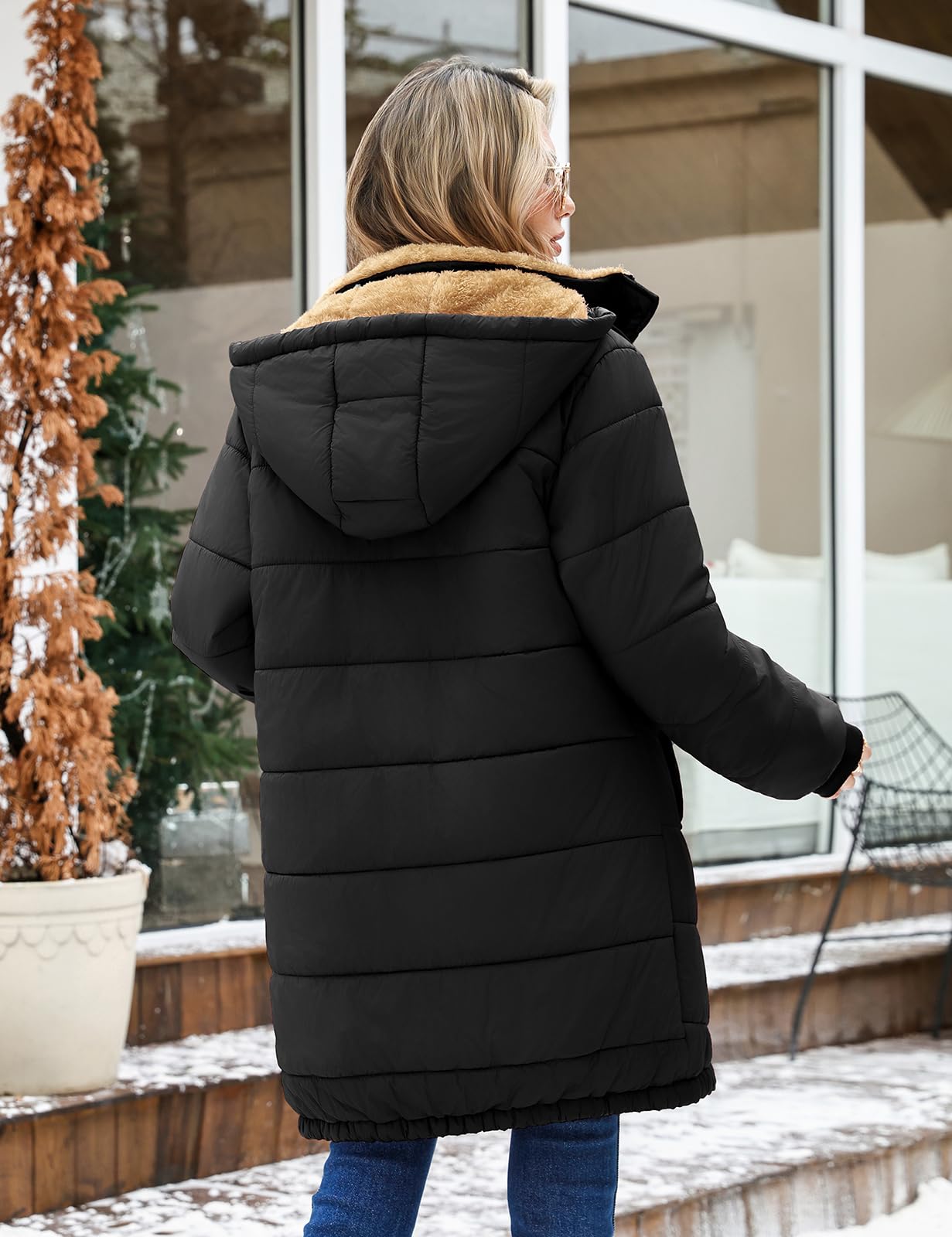 Winterjacke Damen Lang Fleece Gefüttert Steppmantel mit Kapuze Warm Parka Damen-Jacken Puffer Mantel Herbst Winter Hooded Jacket Kapuzenjacke Wintermantel mit Taschen