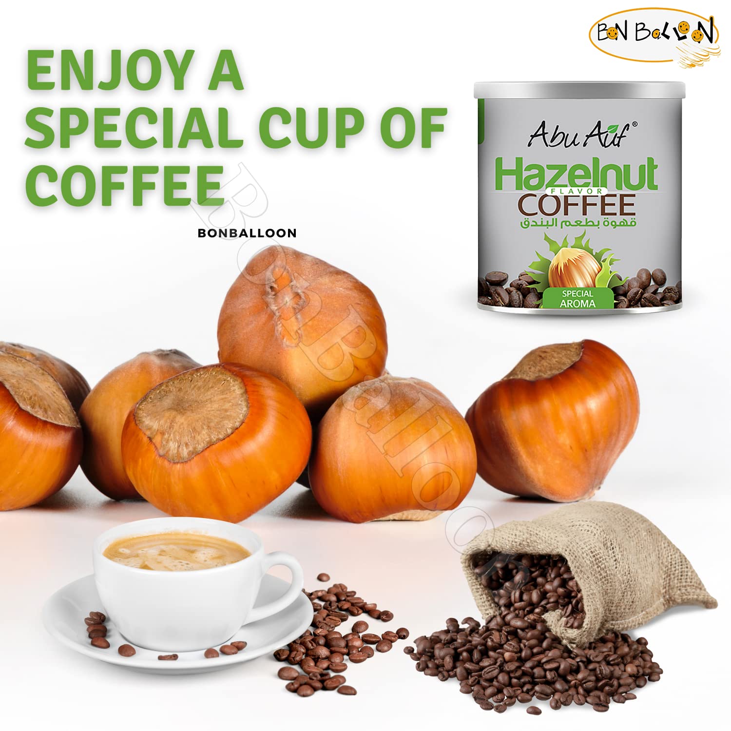 Abu Auf Abuauf Oriental Original Turkish Coffee Cafe Arabic Arabian Arabica Premium Ground Hazelnut Flavore Coffee (1 Pack = 7.05 oz / 200 gm) ابو عوف قهوة بطعم البندق