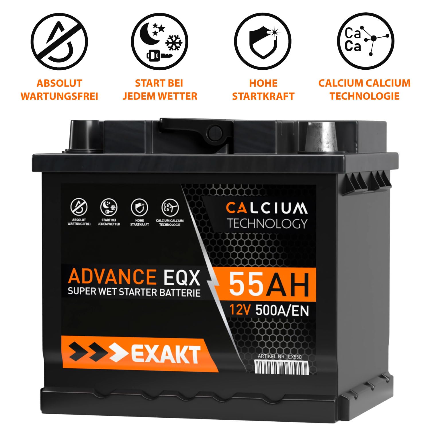 EXAKT Autobatterie 12V 55Ah Starterbatterie Auto Batterie ersetzt 54Ah