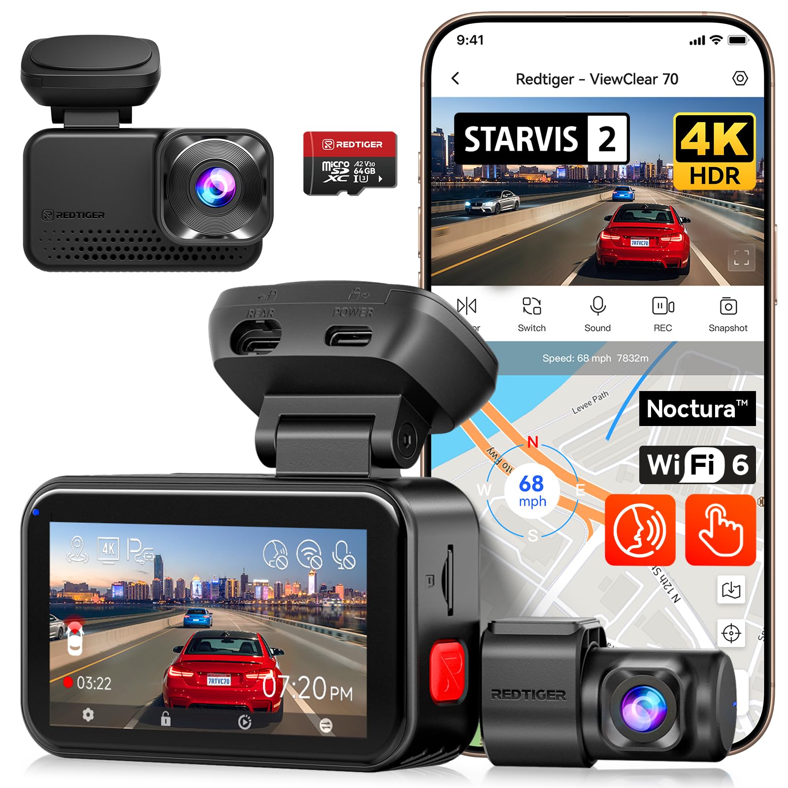 REDTIGER 4K+2.5K Dashcam Voiture Avant Ariere, STARVIS 2, Carte 128 Go