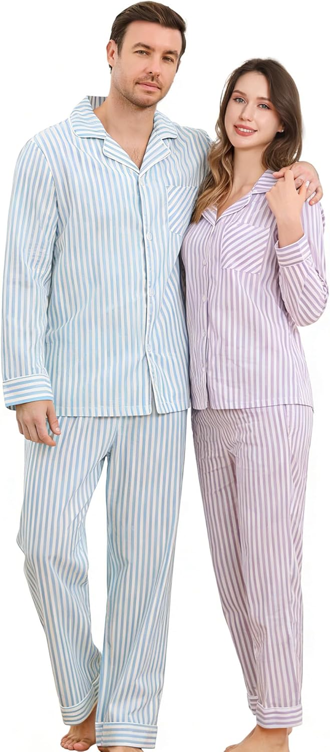 U2SKIIN Couple Pajama Sets, Soft Cotton Button-Down Striped Pajamas for Men and Women Long Sleeve Sleepwear with Pockets