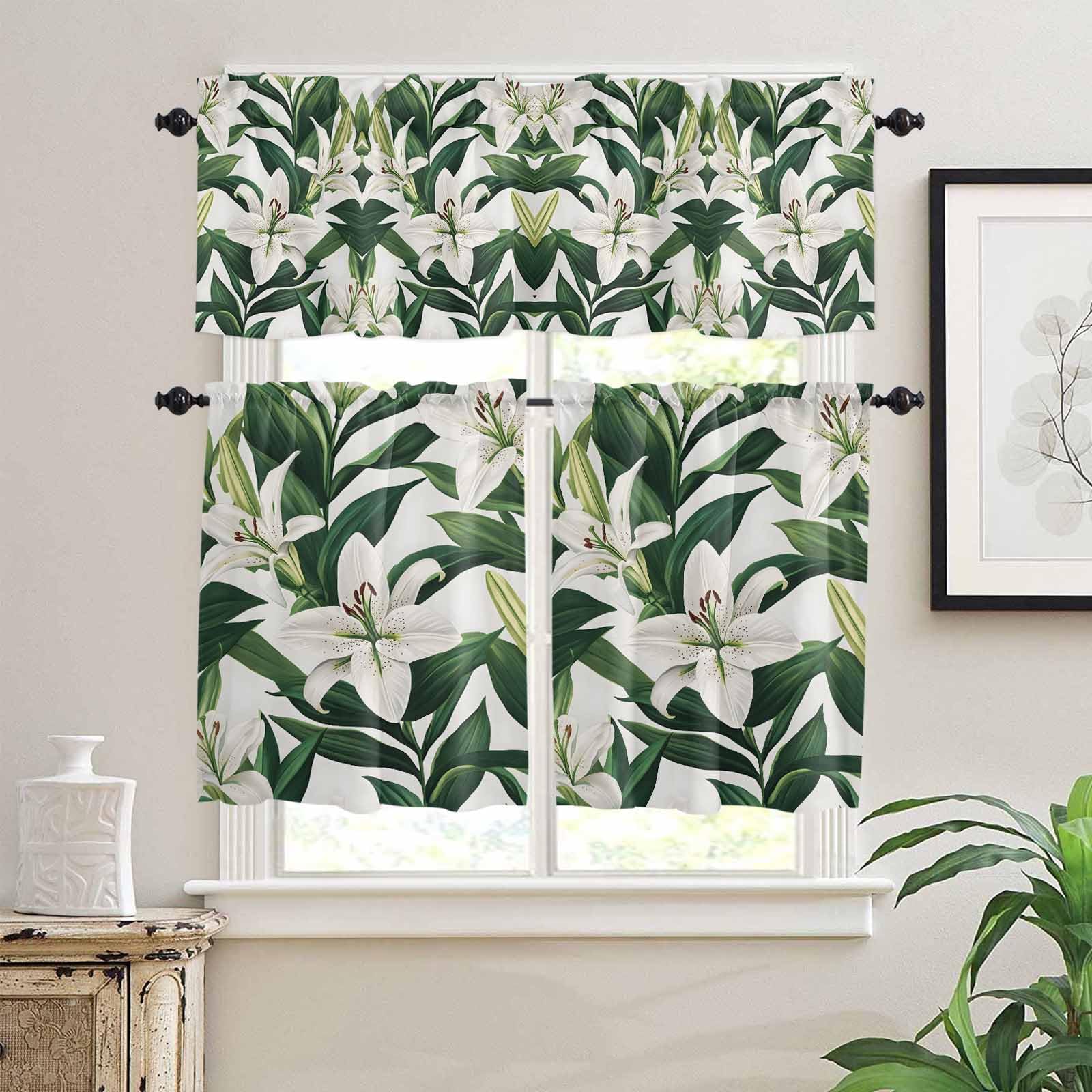 Kitchen Curtains and Valances Set, Watercolor Flower Rod Pocket Curtains Tier Farmhouse Window Treatment 36 Inch Length, Farm Lily Floral Botanicals Plant 3 Piece Kitchen Curtain Set