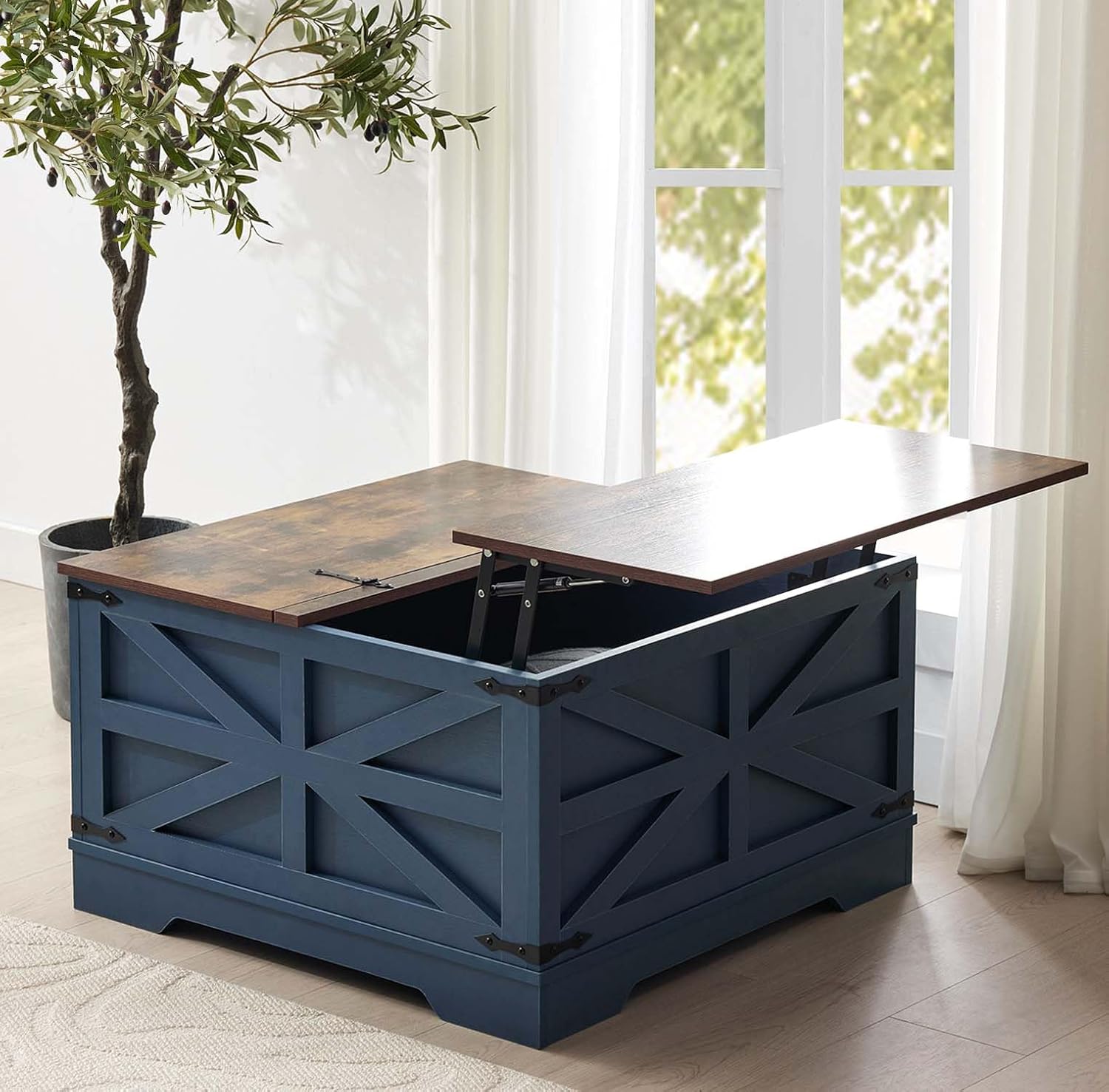 Farmhouse Lift Top Coffee Table with Storage, Square Wooden Coffee Table for Living Room with Lifting Top, Mid Century Modern Center Table with Hidden Compartment, Rustic Brown