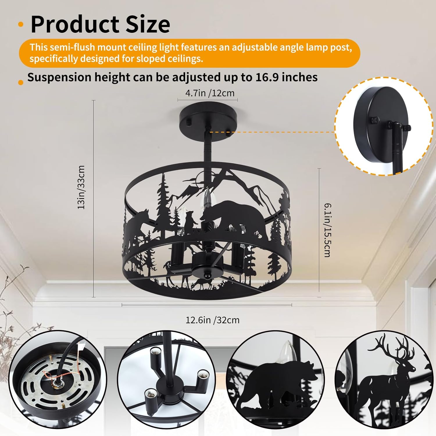 Farmhouse Rustic Slanted Ceiling Light Fixture - 3-Light Round E12 Base Black Metal Fixture with Deer and Bear Design - Perfect for Kitchen, Bedroom, Hallway, and Rustic Style