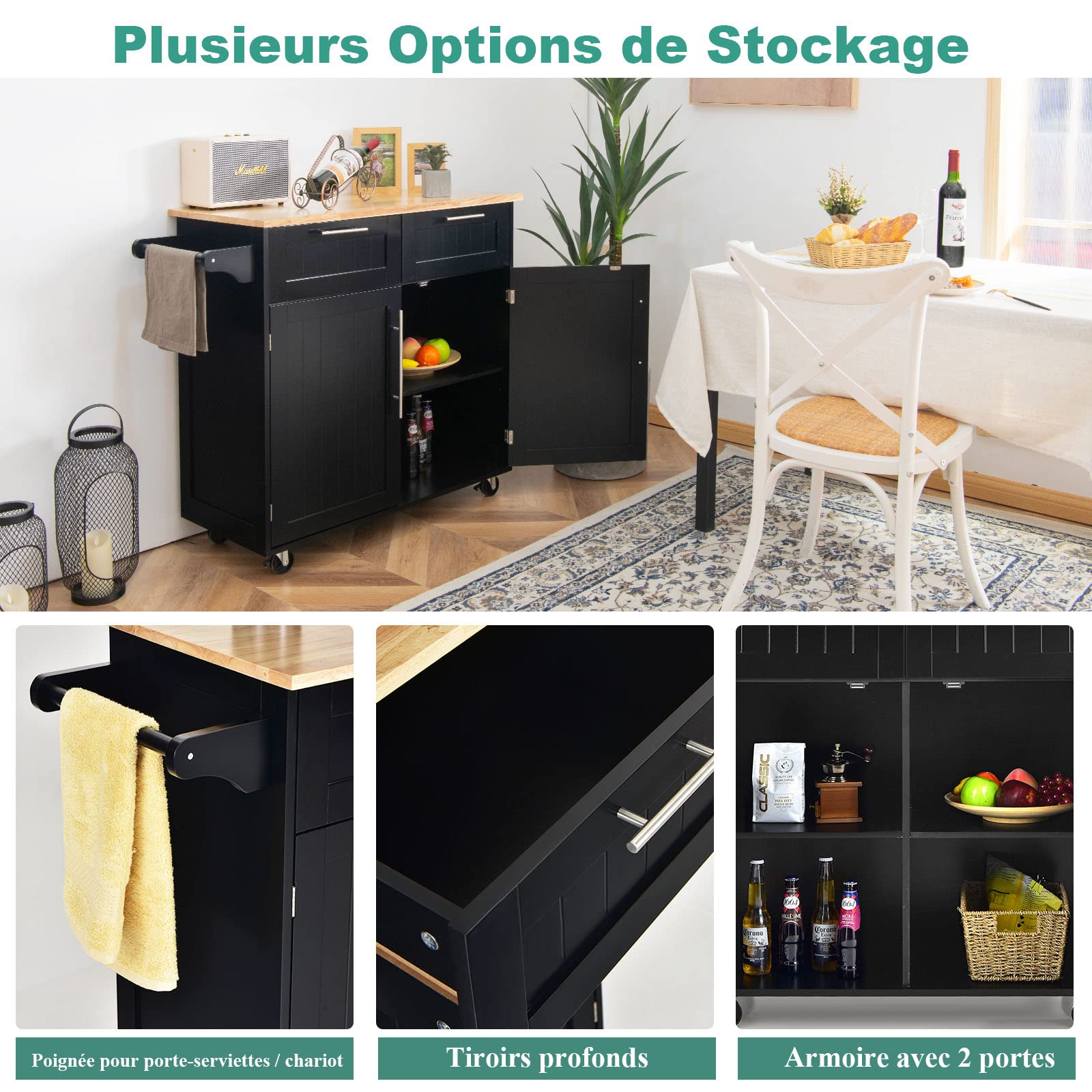 COSTWAY Dessertes Îlot Central Cuisine avec Table 4 Roues Universelles Porte-Serviettes, Desserte avec 2 Tiroirs et Grand Placard de Rangement Épices, 94x41x94cm (Noir)
