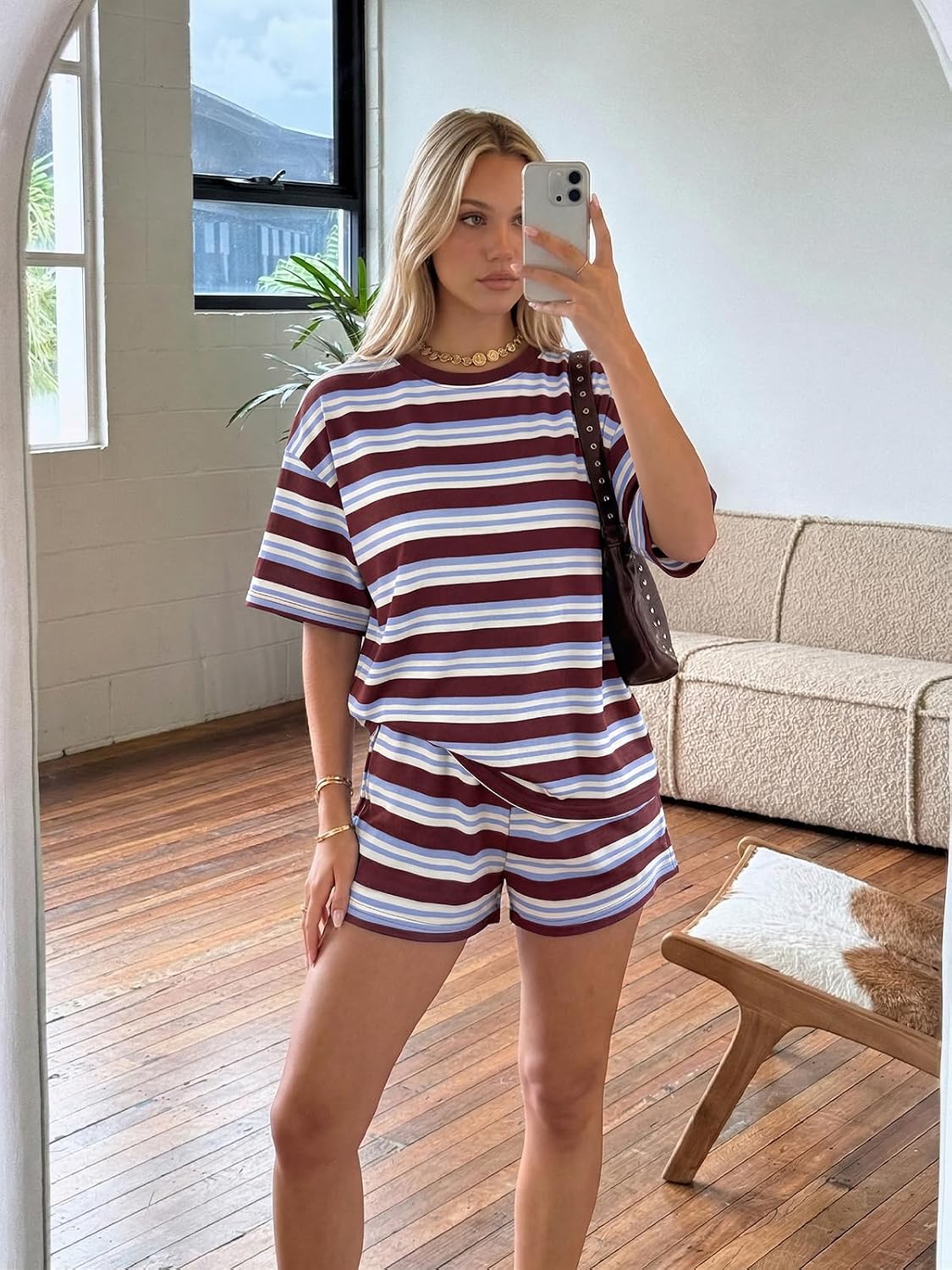 LILLUSORY 2 Piece Striped Set for Women Two Piece Lounge Sets Summer Outfits 2026 Oversized tshirts and Shorts
