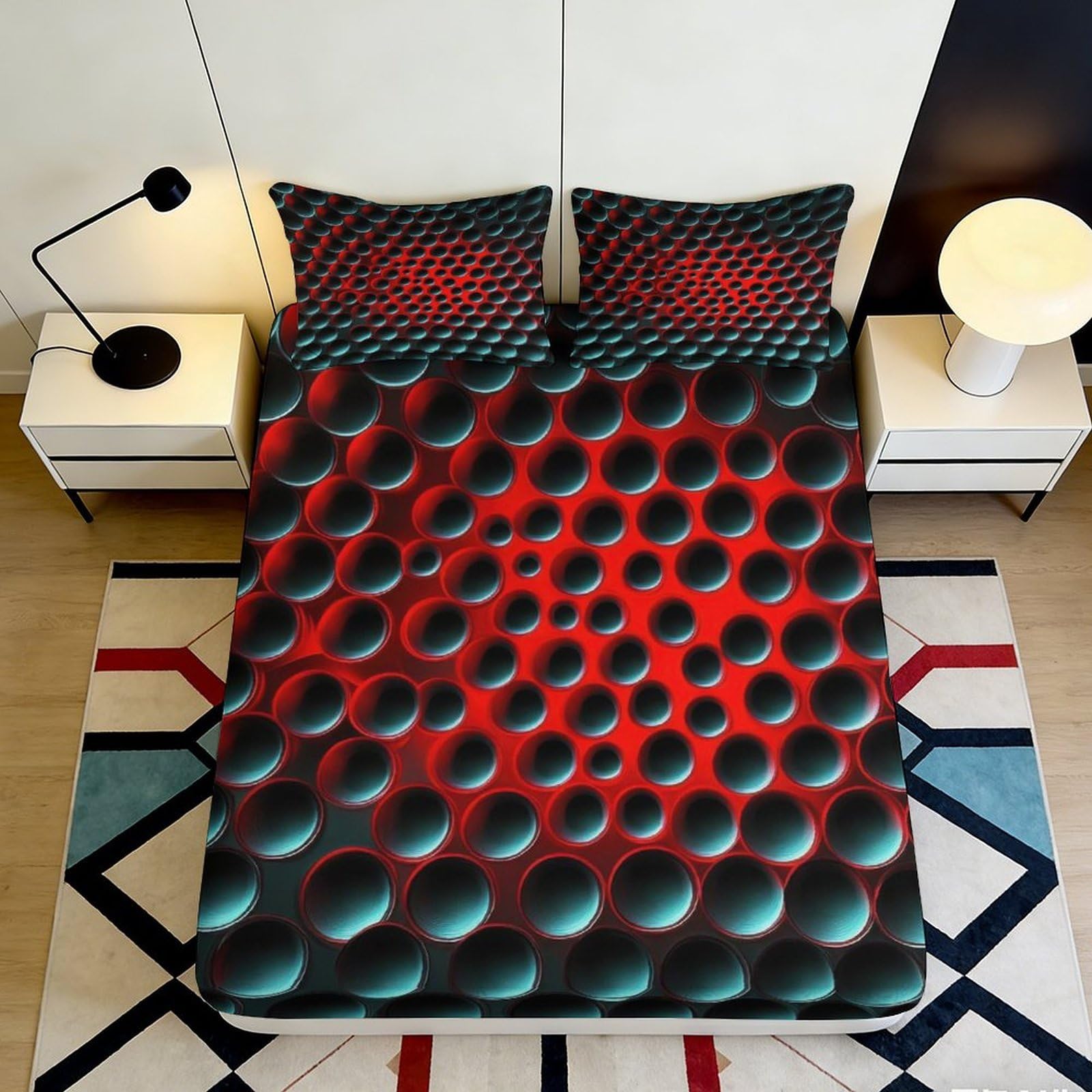 3D Printed Black Red Geometric Fitted Sheet Microfiber Soft Bedroom Decor Abstract Sphere Mattress Cover Dorm Use 90x200x25cm