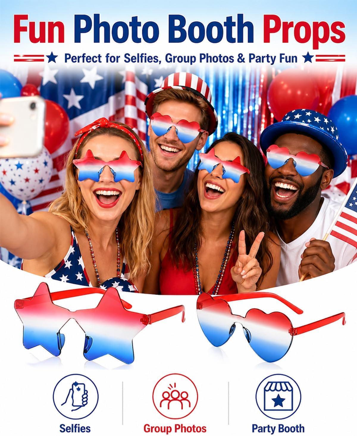 8PCS 4th of July Sunglasses, Star & Heart Shaped Novelty Glasses for Adults Kids USA Red White and Blue Party Favors Patriotic Memorial Independence Day Fourth of July Accessories