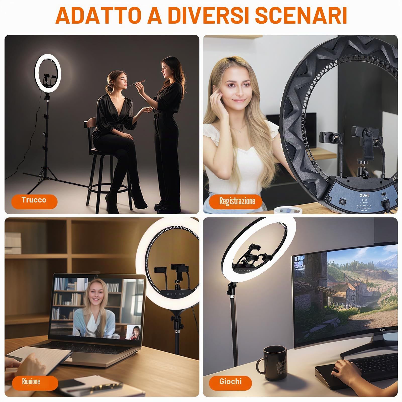 GWO Luce ad anello LED da 53,3 cm con supporto per treppiede 6000K Luce per trucco e selfie dimmerabile con pannello touch Supporti per telefono per YouTube Vlog Ripresa video Include borsa da