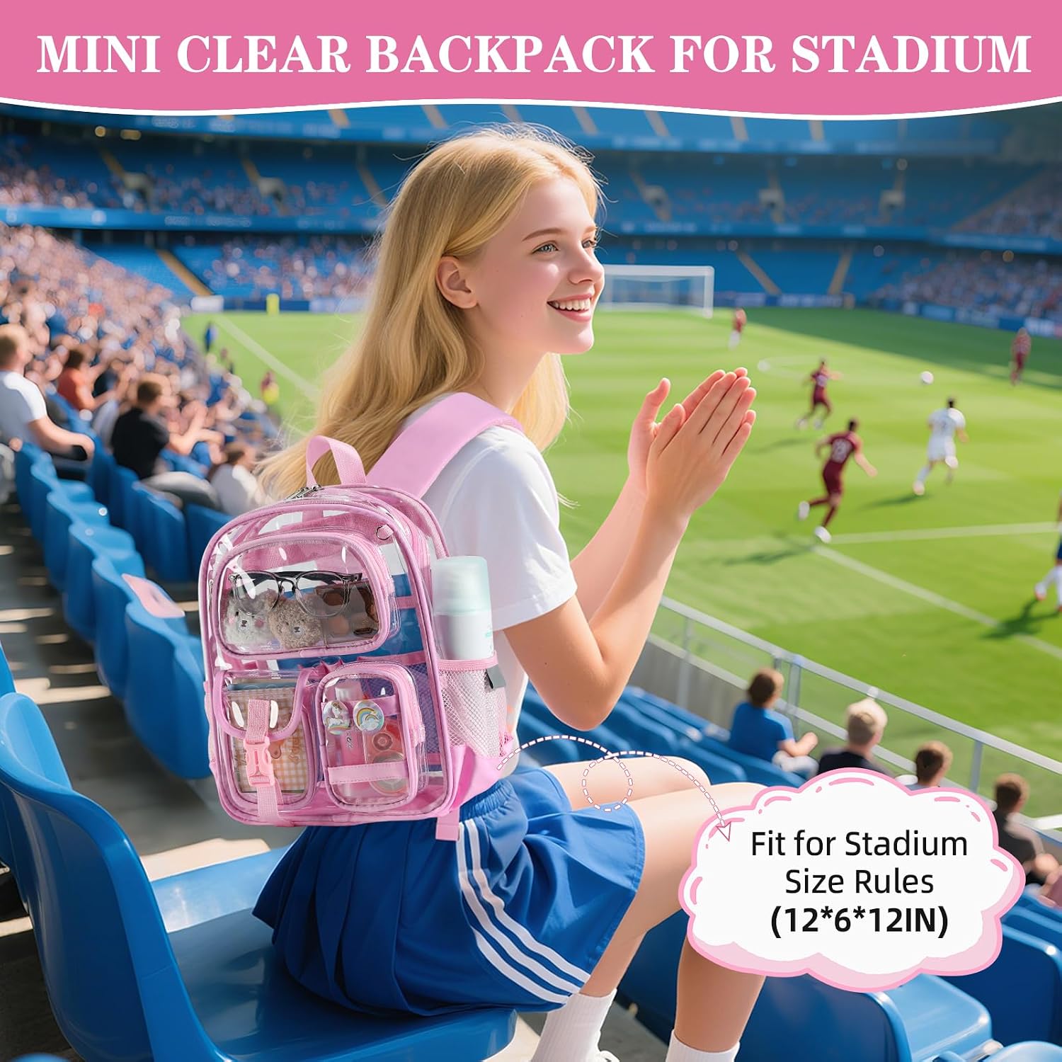 Mini Clear Backpack for Stadium Approved 12x6x12, Small Transparent Backpacks Plastic See Through Clear Bag for Women for Sporting Event, Concerts, Work, Festival (Pink) thumbnail