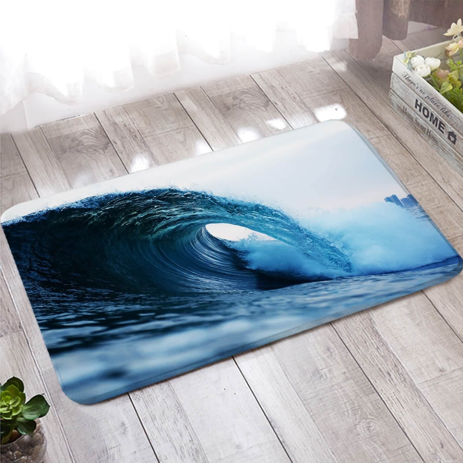 Tapis d'entrée intérieur vintage bleu au design vagues élégant et soigné
