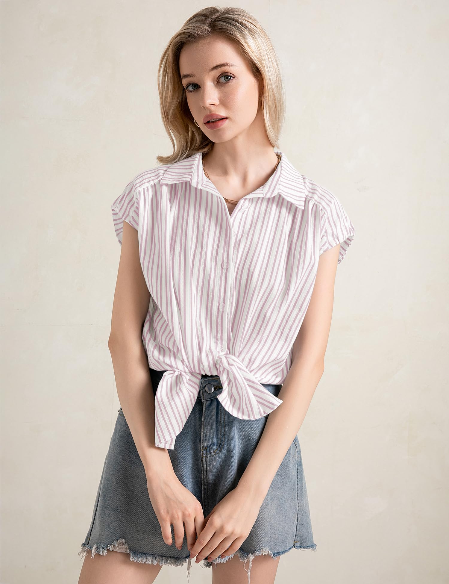 EFFAN Camicetta da donna Camicie in cotone Camicette con maniche ad aletta Camicette estive con scollo a V Camicetta da lavoro allentata da donna 2025