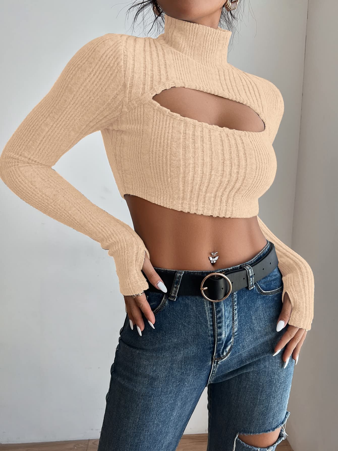 Amazon.com: Haoyuce Women's Long Sleeve T-Shirt High Neck Cut Out